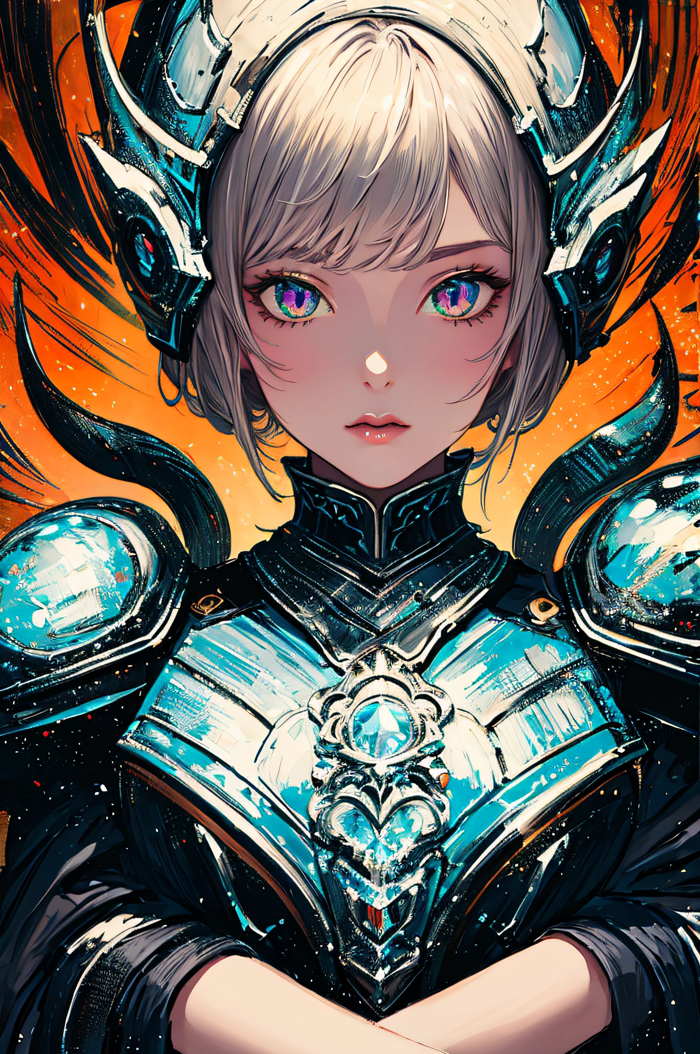 (masterpiece, top quality, best quality, official art, beautiful and aesthetic:1.2), cateyes,1girl, solo, armour, magic, light particles, upper body, extreme detailed, highest detailed, optical mixing, playful patterns, lively texture, unique visual effect