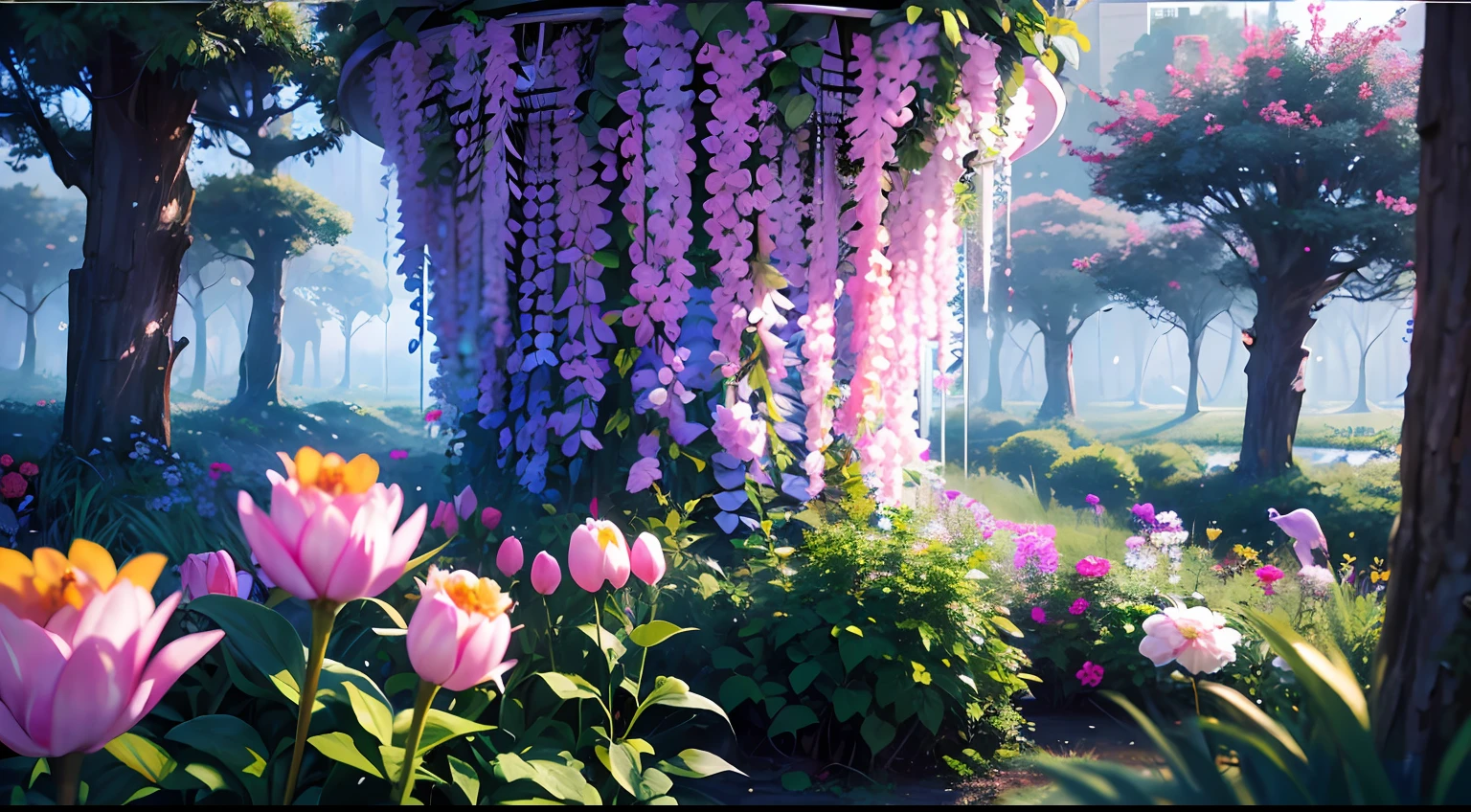 Jungle, heavy rainfall, in utopia, colorful flowers, colorful birds, blue butter fly, vines everywhere, huge wet trees, masterpiece, best quality, high quality, very detailed CG unity 8k wallpaper, oil painting, award winning photography, bokeh, depth of field, HDR, bloom , chromatic aberration, photorealism, very detailed, trending on artstation, trending on CGsociety, intricate, high detail, dramatic, midjourney art, volumetric lighting,