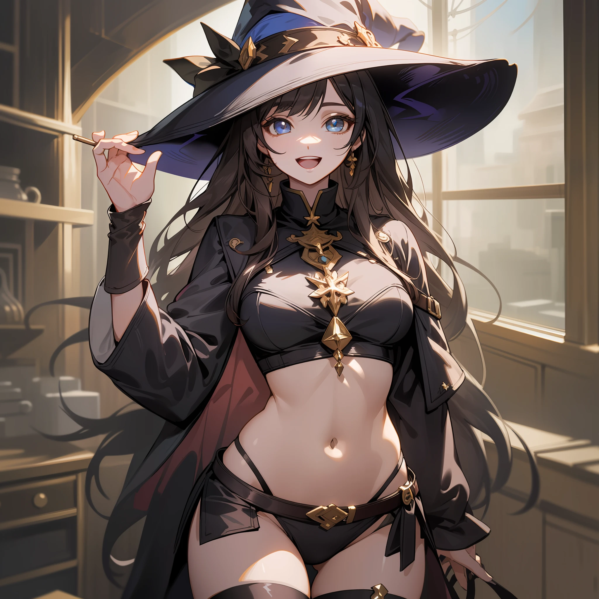 (Masterpiece, Best quality), (fine detailed beautiful eyes), (finely detailed  eyes and detailed face), (beautiful and clear background), (Extremely detailed CG, Ultra-detailed, best shadow), ((Depth of field)), beautiful concept illustration, (illustration), (extremely fine and beautiful), (Perfect details) ,《Final Fantasy XIV》Original《Box art》Magical girl Yuna AO-NYX 1 girl, 独奏, wearing a hat, large legs, Long hair, Skirt, navel, Witch hat, midriff, stomach, Smile, Black panties, underwear, Panties, breasts, Open mouth, brown thighhighs, look viewer, Crop top, large legs, id, hand on headwear, leather belts, ass visible through thighs, trinkets, black thighigs