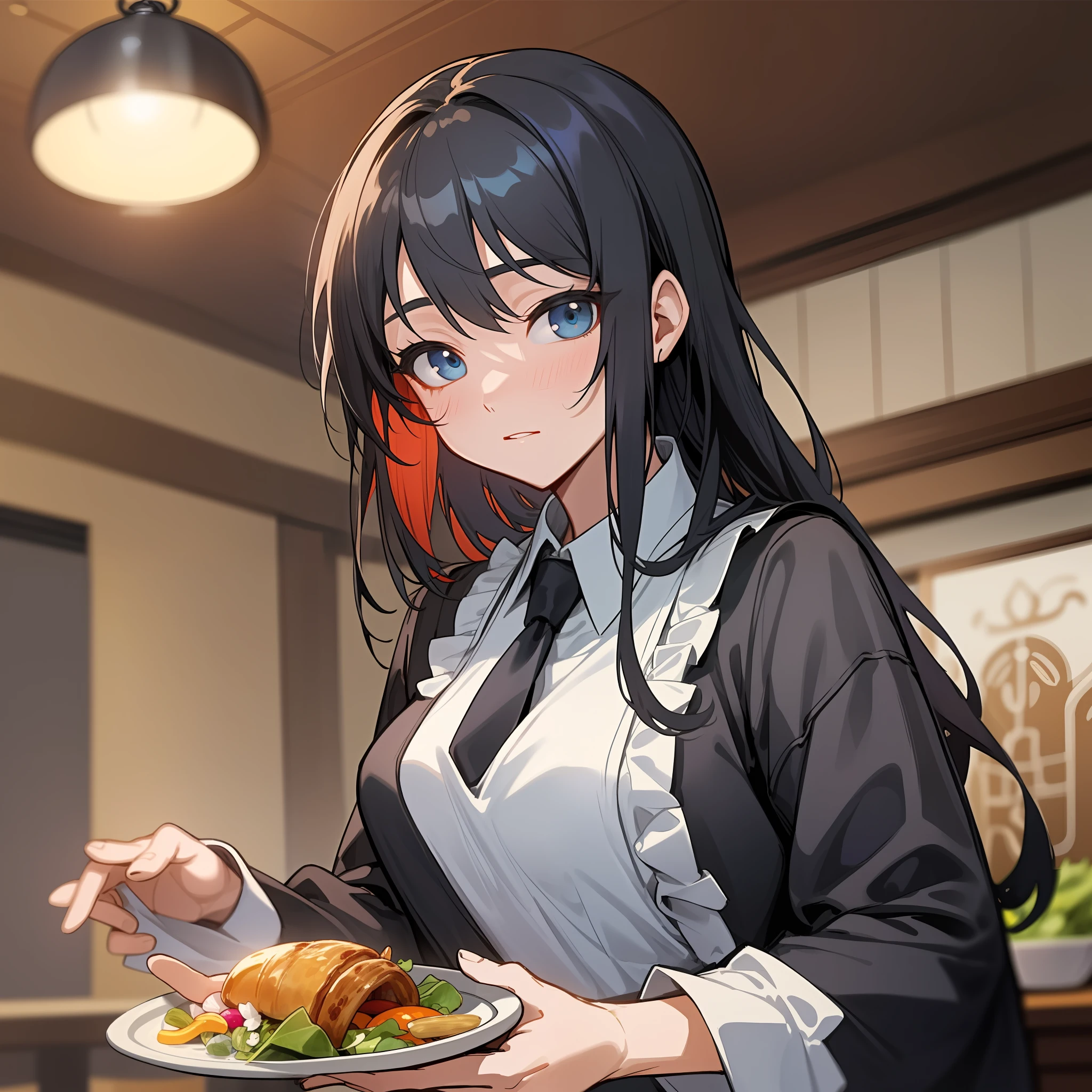 (Masterpiece, Best quality), (detailed and beautiful eyes), (Detailed eyes and detailed face), (beautiful and clear background), (Extremely detailed CG, Super detailed, best shadow), (( Depth of field)), beautiful concept illustration, (illustration), (Extremely delicate and beautiful), (Perfect details) an anime woman with a big tray of food in a large restaurant 1girl, food, Blue eyes, 独奏, Indoors, aprons, Black hair, Battle Robe, Salad, plate, Long hair, look viewer, holding, black necktie, tiese, Sleeves rolled up, White shirt, blush, Collared shirt, tray, ceiling light,taihou, taihoudefault, taihoumuse, taihouwedding, taihouforbid, taihouphoenix, taihourq, taihourqsmall, taihousweet