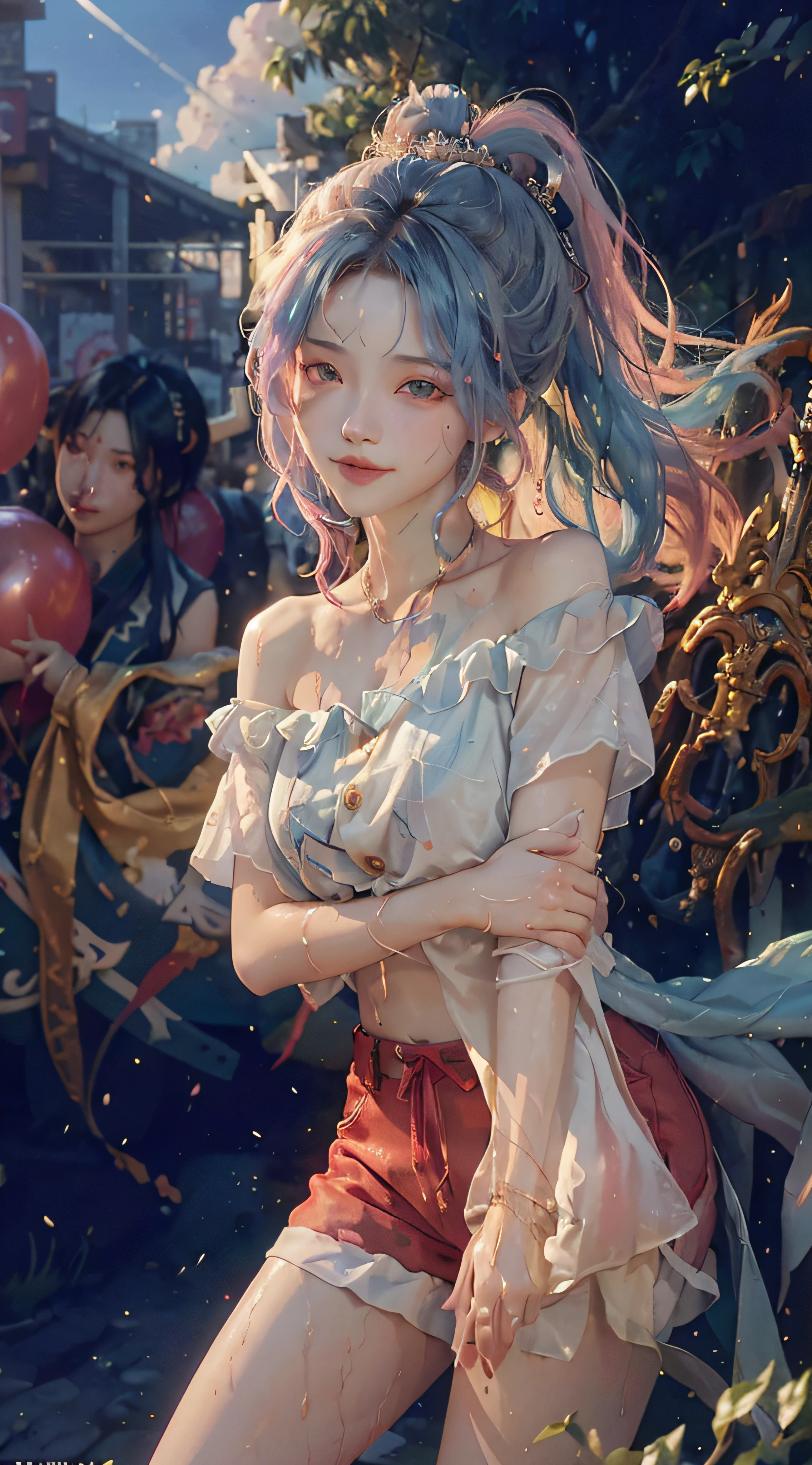 ((bust photo)), ((2 arms)), ((2 legs)), ((bare shoulder)), (seductive), (charming), (beautiful detailed face))), ((messy hair)), ((smile)), (gradient eyes)), ((white cloud background)), ((chest reduction)), ((shorts)), ((high saturation)), ((balloon)), (dynamic angle), ((city), (night), (outdoor), ((outdoor), (( Highly detailed face and skin texture)), ((double eyelids)), ((whitening skin)), ((magazine cover)), ((glowing weapons)), ((multi-weapon)), ((10,000 swords)), ((dynamic angles)), ((ecstatic notes)), (shorts: 1.1)), ((street: 1.3)), ((wet clothes: 1.1)), ((wet: 1.5)), ((rain, street: 1.2)), ((wet white button shirt: 1.1)), ((layered hairstyle, Big breasts: 1.2)), ((slender abs: 1.2)), ((perfect body beauty: 1.4)), ((close-up: 1.1)), ((Bauhaus, shapes, lines, abstraction: 1.1)), ((iridescent hair)), (half blue and half pink hair: 1.2)), ((bright smile)), dreams, skyscrapers, (tree of life), whirlpool, magic array, soap bubbles, floating in the sky, bright, happy, funny, soft lighting, mean, oil painting, perfect face, soft skin perfect face, blue-yellow, light purple and violet added, light red addition, intricate details, splash screen, 8k resolution, masterpiece, cute face, surface scattering, lens 135mm, f1.8, luminous, 8k, high resolution, dreamy, ray tracing, elegant, fauvist design, bright colors, romanticism, michal mraz, adrian gainy, petra cottwright, atmospheric, , extremely detailed,