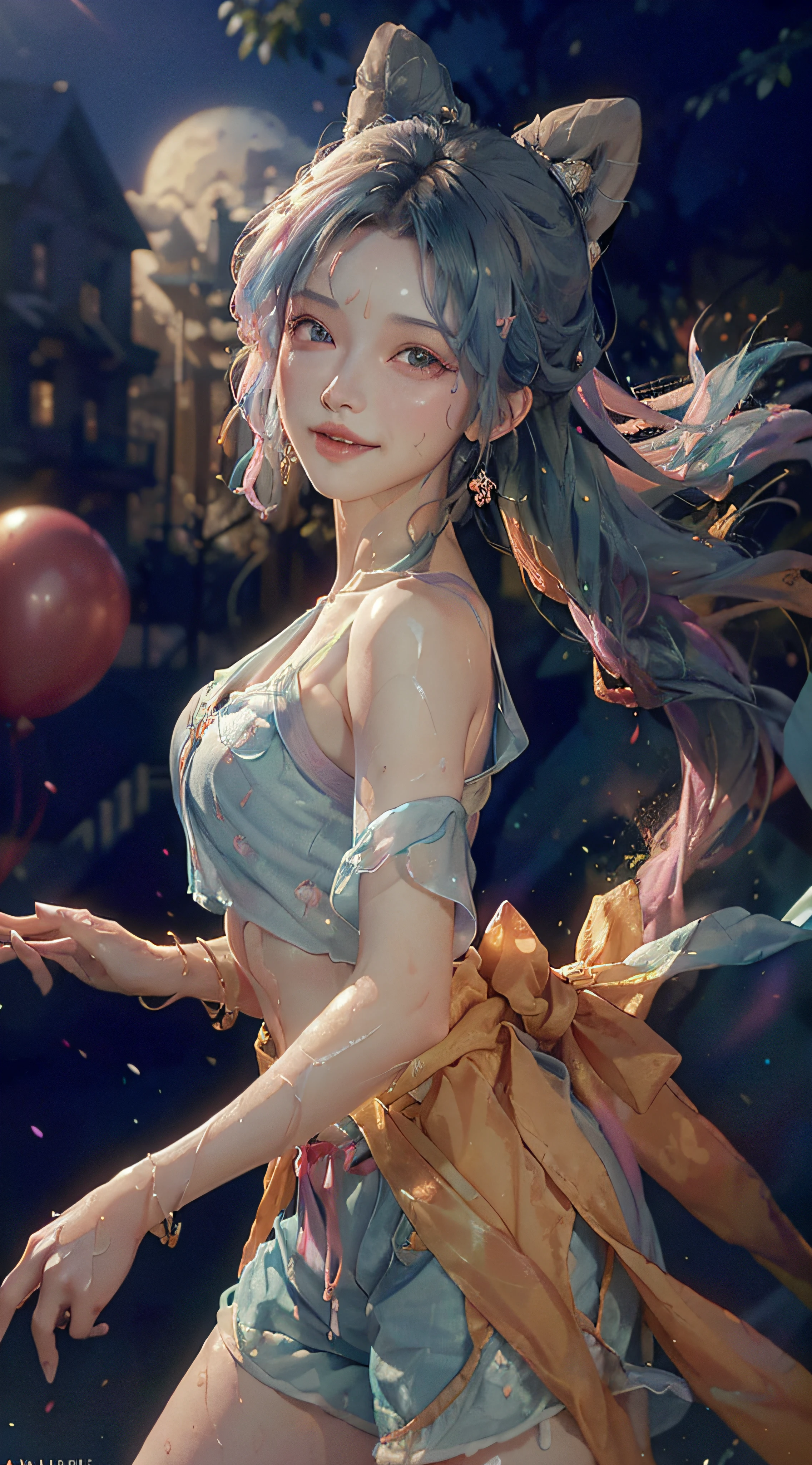 ((bust shot)), ((2 arms)), ((2 legs)), (bare shoulders)), (5 fingers)), (charming), (beautiful detailed face))), ((messy hair)), ((smile)), (gradient eyes)), ((white cloud background)), ((chest reduction)), ((shorts)), (high saturation)), ((balloon)), (dynamic angle)), ((city)), ((night), ((outdoor), ((outdoor), (( Highly detailed face and skin texture)), ((double eyelids)), ((whitening skin)), ((magazine cover)), ((glowing weapons)), ((multi-weapon)), ((10,000 swords)), ((dynamic angles)), ((ecstatic notes)), (shorts: 1.1)), ((street: 1.3)), ((wet clothes: 1.1)), ((wet: 1.5)), ((rain, street: 1.2)), ((wet white button shirt: 1.1)), ((layered hairstyle, Big breasts: 1.2)), ((slender abs: 1.2)), ((perfect body beauty: 1.4)), ((close-up: 1.1)), ((Bauhaus, shapes, lines, abstraction: 1.1)), ((iridescent hair)), (half blue and half pink hair: 1.2)), ((bright smile)), dreams, skyscrapers, (tree of life), whirlpool, magic array, soap bubbles, floating in the sky, bright, happy, funny, soft lighting, mean, oil painting, perfect face, soft skin perfect face, blue-yellow, light purple and violet added, light red addition, intricate details, splash screen, 8k resolution, masterpiece, cute face, surface scattering, lens 135mm, f1.8, luminous, 8k, high resolution, dreamy, ray tracing, elegant, fauvist design, bright colors, romanticism, michal mraz, adrian gainy, petra cottwright, atmospheric, , extremely detailed,