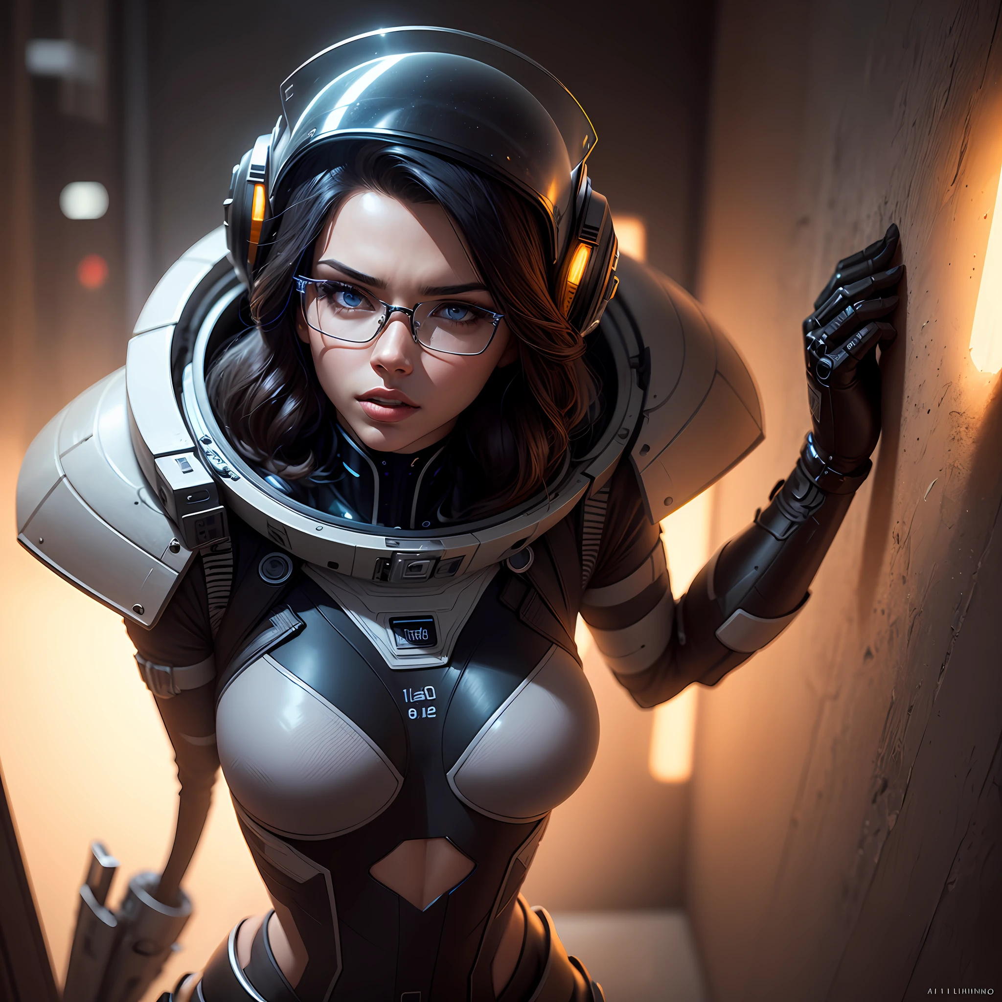 The woman Adriana Lima model secret victory,robotica com traje de astronauta, sujo, intrincado, Science Fiction Glasses, altamente detalhado, Pintura digital, Artstation, arte conceitual, Foco suave, Of course, epic realistic, 8 mil, (detalhes intrincados, hiperdetalhados: 1.2), Artstation, Cinematographic photo, vinheta, (HDR:1.4), cores neutras, noite, screen space refractions --auto