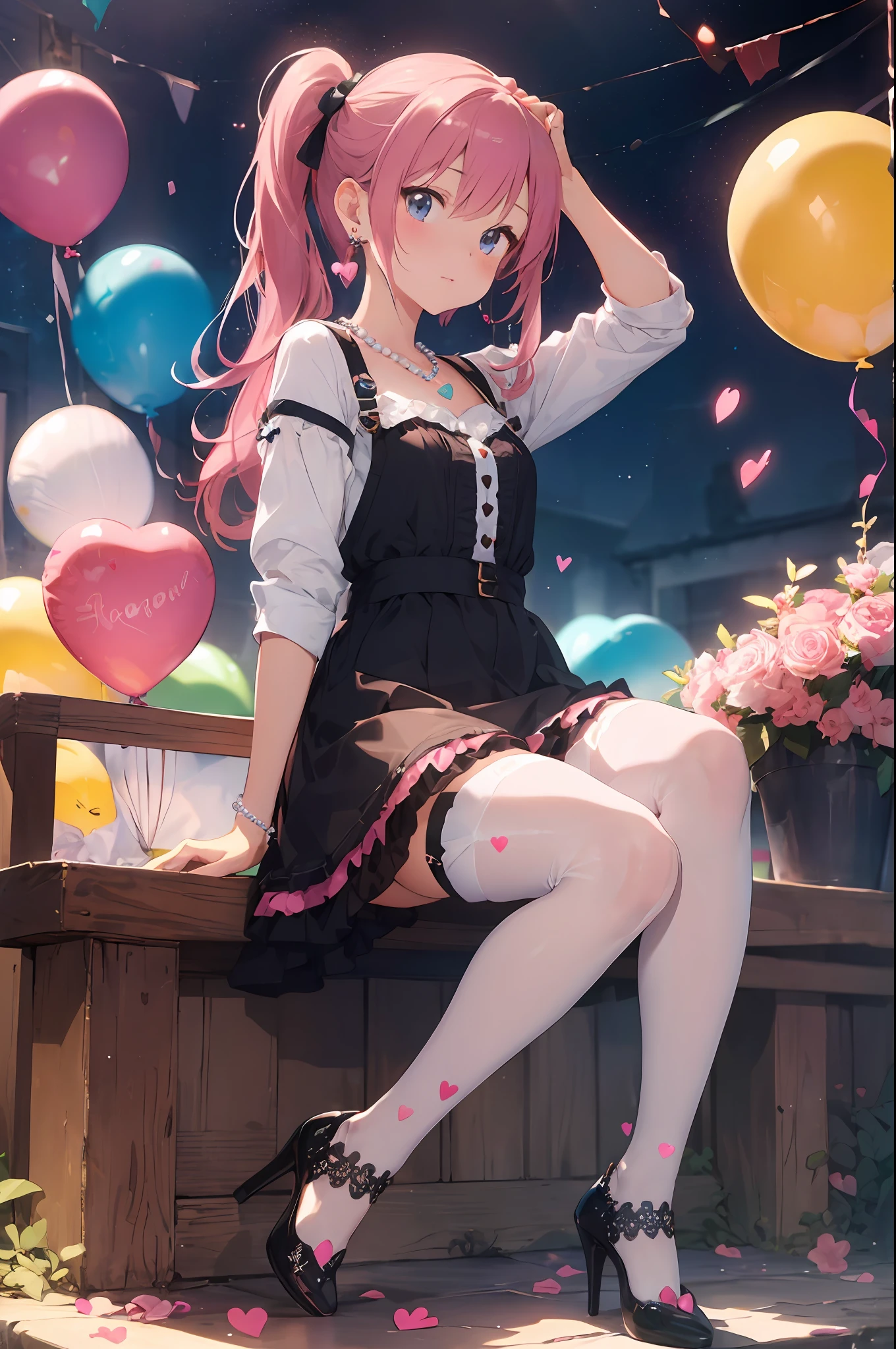 (extremely detailed CG unity 8k wallpaper,masterpiece, best quality, ultra-detailed, beautiful detailed eyes:1.2),best illumination, (best shadow, an extremely delicate and beautiful, bloom),
1gril,solo (masterpiece), (best quality), (ultra-detailed), (solo), 1girl, full body, pink hair with long strands, confetti background, hearts sprinkles, hearts ballon, glow pearls necklaces ,cute hearts earrings, cute stockings for posed legs with heels, shoes pearls, frilly dress back, sitting