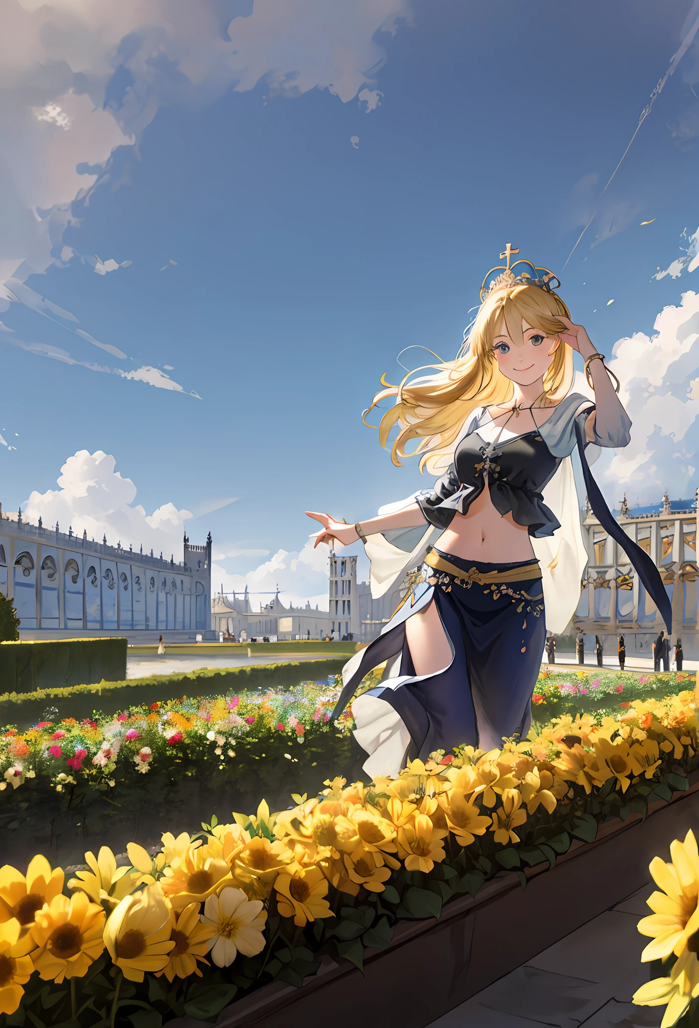 Best quality, high key_resolution, diverse_image, Detailed background,Girl,(Chateau de Versailles, Pisa Baptistery Of St. John background, Flowers,navel,crowd people),random wear,Dutch angle, wide-shot,Shy smile,