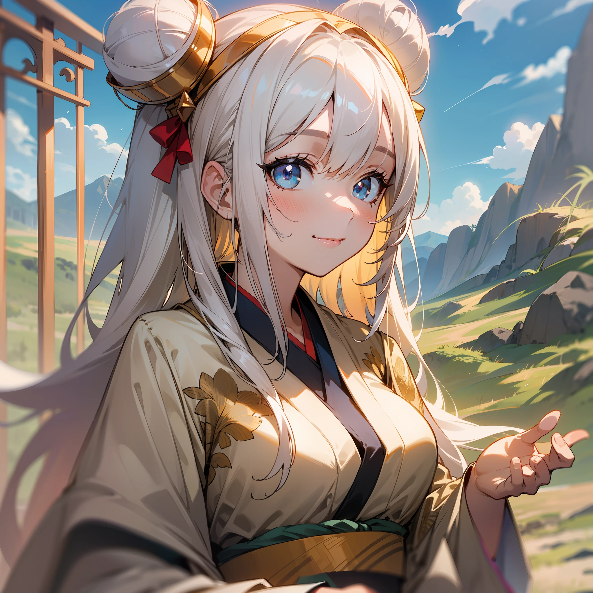 (Masterpiece, Best quality), (fine detailed beautiful eyes), (finely detailed eyes and detailed face), (beautiful and clear background), (Extremely detailed CG, Ultra-detailed, best shadow), ((Depth of field)), beautiful concept illustration, (illustration), (extremely fine and beautiful), (Perfect details) a female asian anime character with long blond hair and white/light grey /gold dress and kimono 1girl, Outdoors, moutain terrain, 独奏, breasts, jour, look viewer, Long hair, Smile, mountainous horizon, Sky, pony-tail, buns, Long sleeves, bangs, Blue sky, White hair, Cloud, hair accessory