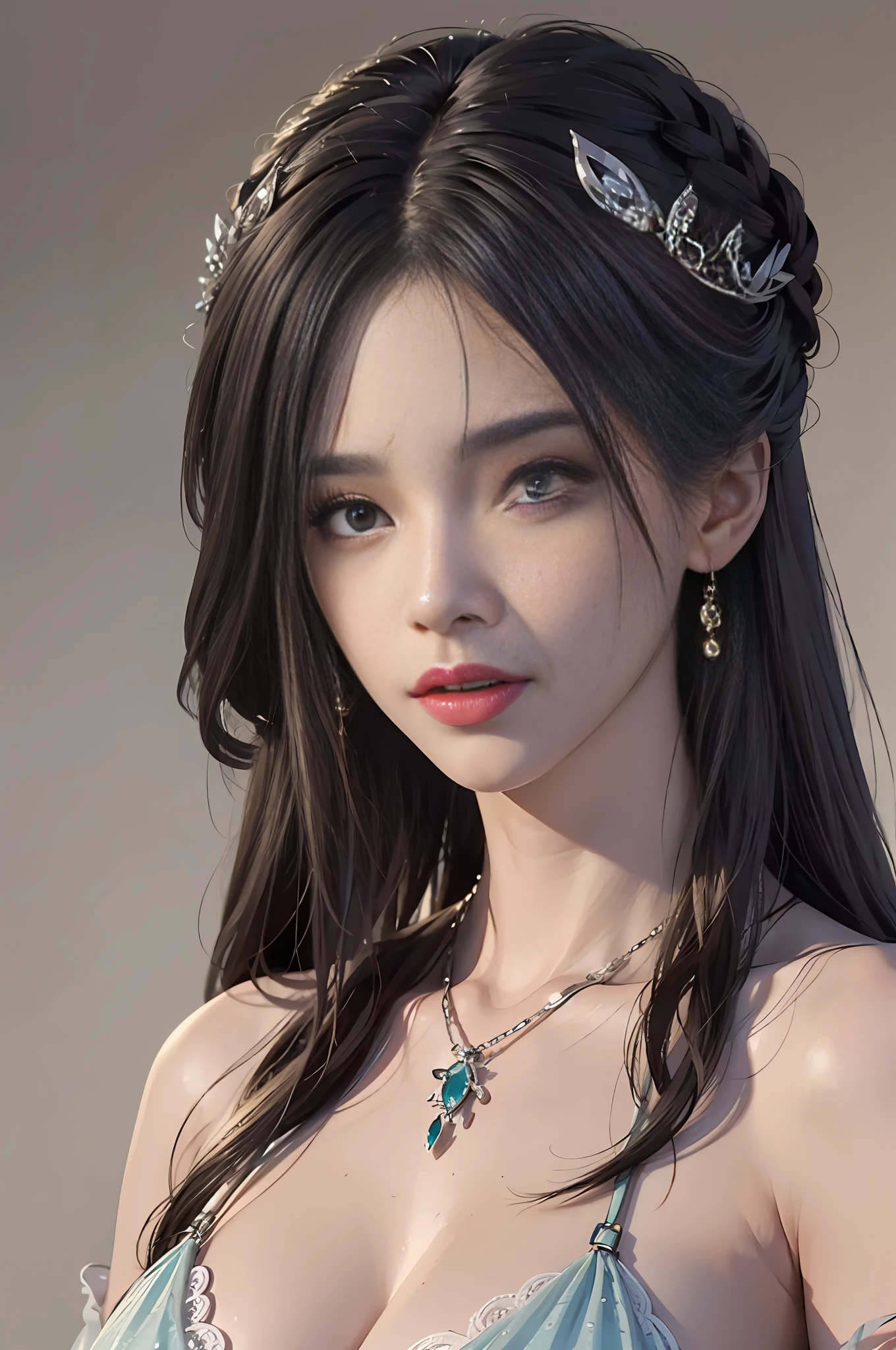A beautiful anime girl，Wear a one-piece bright silver evening gown，A beautiful fantasy queen，（（Beautiful fantasy queen）），seductive anime girls，Royal elegant posture，alluring。Large breasts， disheveledhair， Symmetrical bun， hair accessory， jewelries， Exquisiteface， eyeshadows， style of anime。 finely detailed skin， Soft light effect， Delicate smooth hair， exquisite detailing， Eye highlights， faired skin， Fine depiction， Extreme detail， Movie quality， thinness， Slender， brokenness， Hair details， Thin bangs， Shawl hair， The right body， tinta， Air bangs， 8K， ultradetailed，Delicate fabric texture，supple，smooth，Smooth texture，delicate patterns，Correct hand drawing，anatomicaly correct，accurate，Night，Night，luci，tyndalleffect，raytraced，HUD