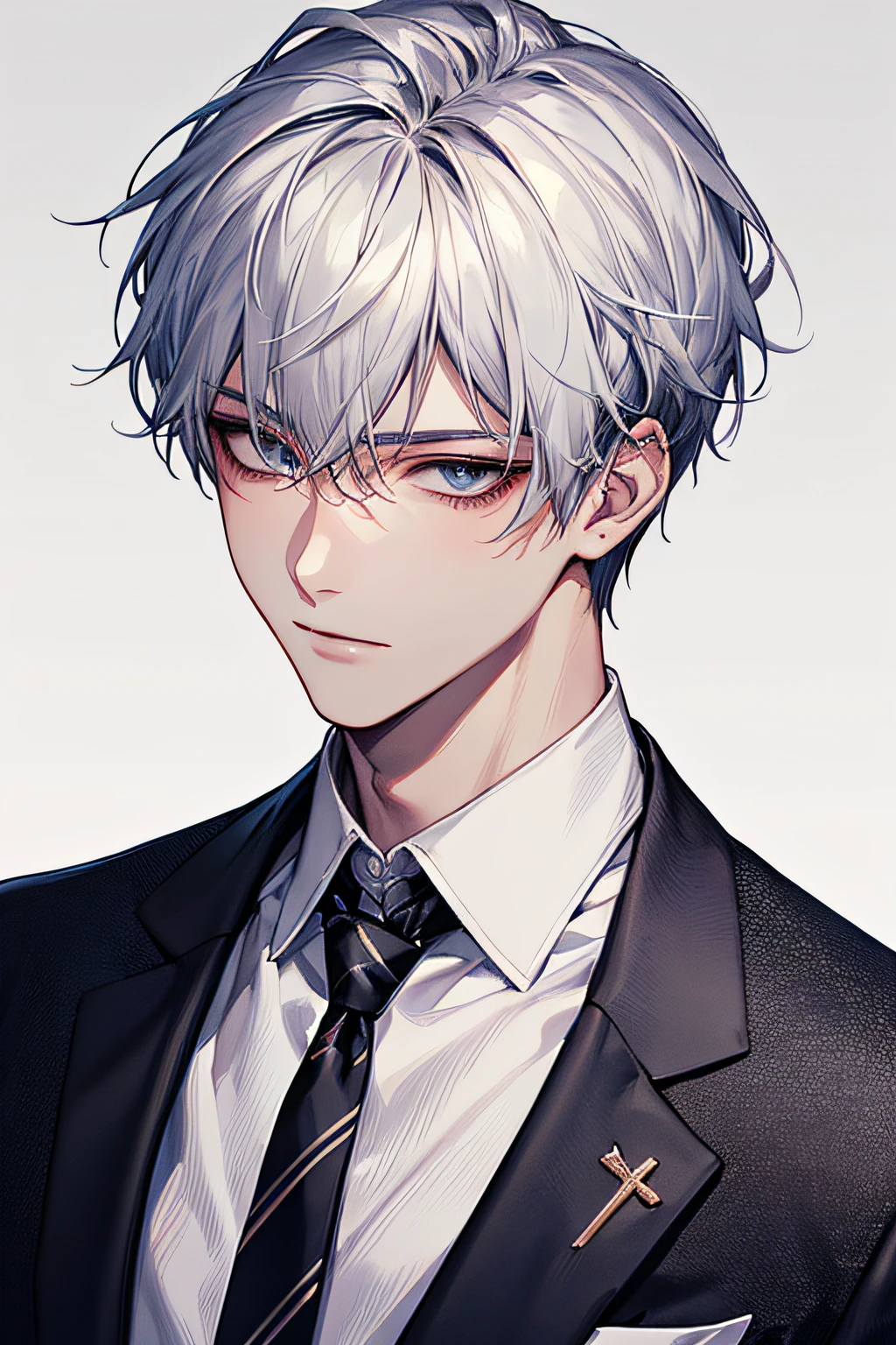 1boy,head portrait,iwhite colored hair,Face focus,adult,Business suit,jacket,whiteshirt,tiese,trouser,best qulity,facial detailing,white background