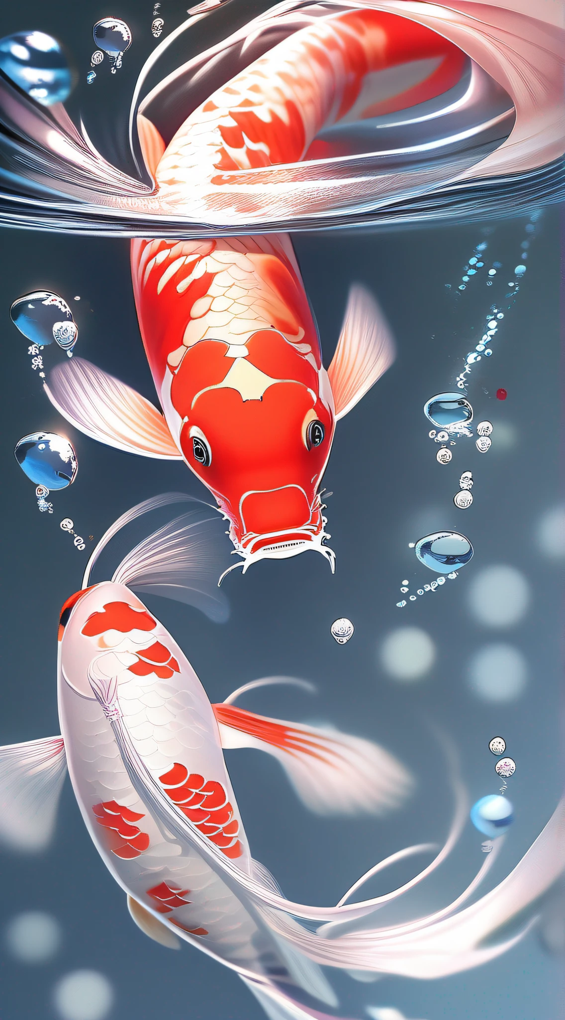 Koi,Realistic large koi,Perfect swimming,Dynamic photography。Red peony,独奏,lilie,Underwater,Underwater,Under water,water droplet,Water,transparent,The ultra-Realistically,CG Digital rendering,Science fiction,masterece-piece,The ultra-Realistically,it is crystal clear,High-pole color,Advanced composition。Bright。《Sparkling》《Bright》。The perfect color,The light is bright and soft。Diamond-like color,Transparent and translucent。 air bubbles,Bubbles,foam,coral,Red coral,