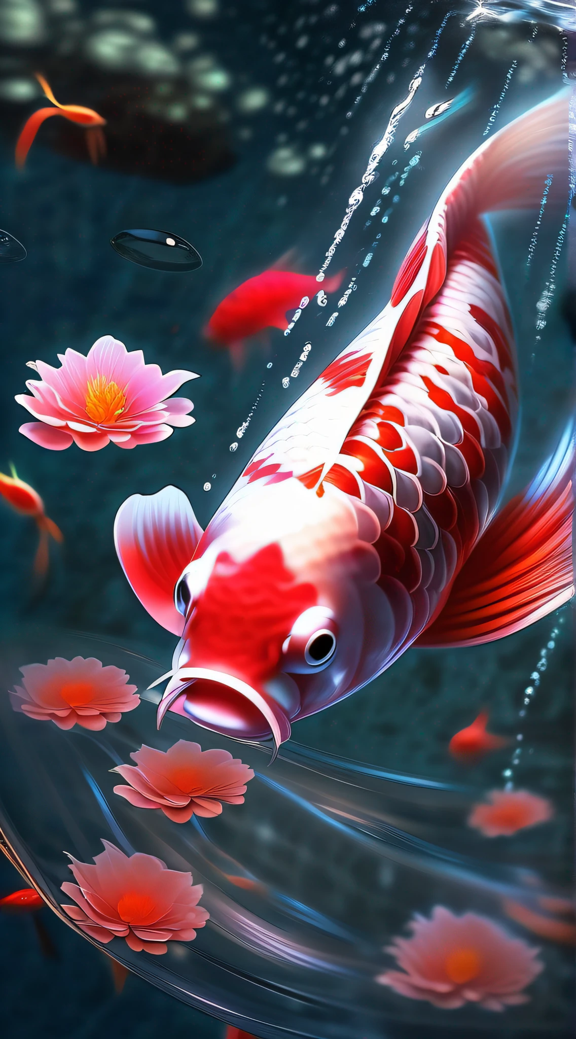 Koi,Realistic large koi,Perfect swimming,Dynamic photography。Red peony,独奏,lilie,Underwater,Underwater,Under water,water droplet,Water,transparent,The ultra-Realistically,CG Digital rendering,Science fiction,masterece-piece,The ultra-Realistically,it is crystal clear,High-pole color,Advanced composition。Bright。《Sparkling》《Bright》。The perfect color,The light is bright and soft。Diamond-like color,Transparent and translucent。 air bubbles,Bubbles,foam,coral,Red coral,