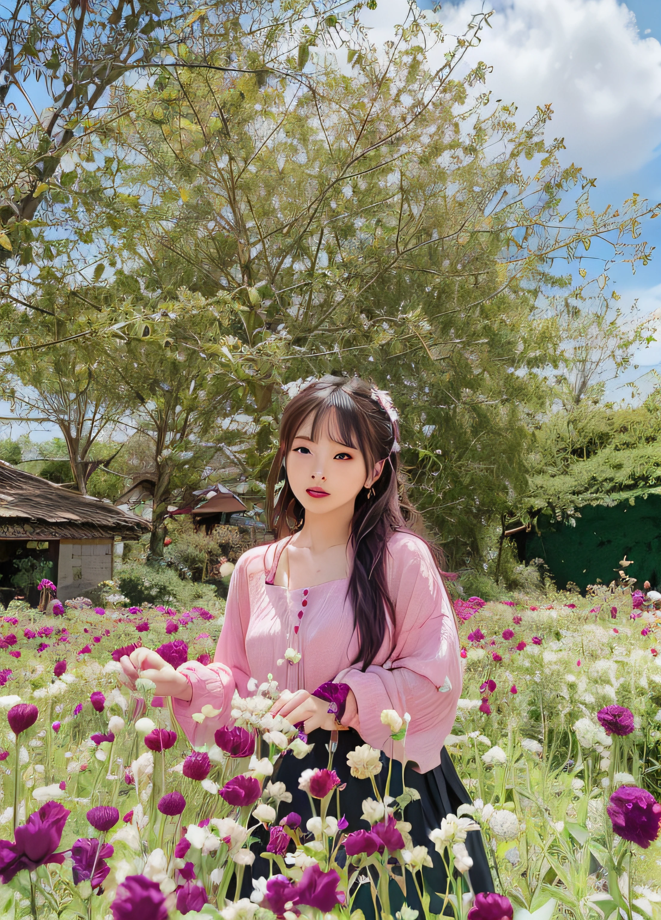 araffe woman in a pink top and black skirt standing in a field of flowers, girl frontal in a flower field, standing in flower field, with flowers, girl in a flower field, in garden, girl in flowers, dang my linh, woman standing in flower field, in a field with flowers, standing in a flower field, mai anh tran