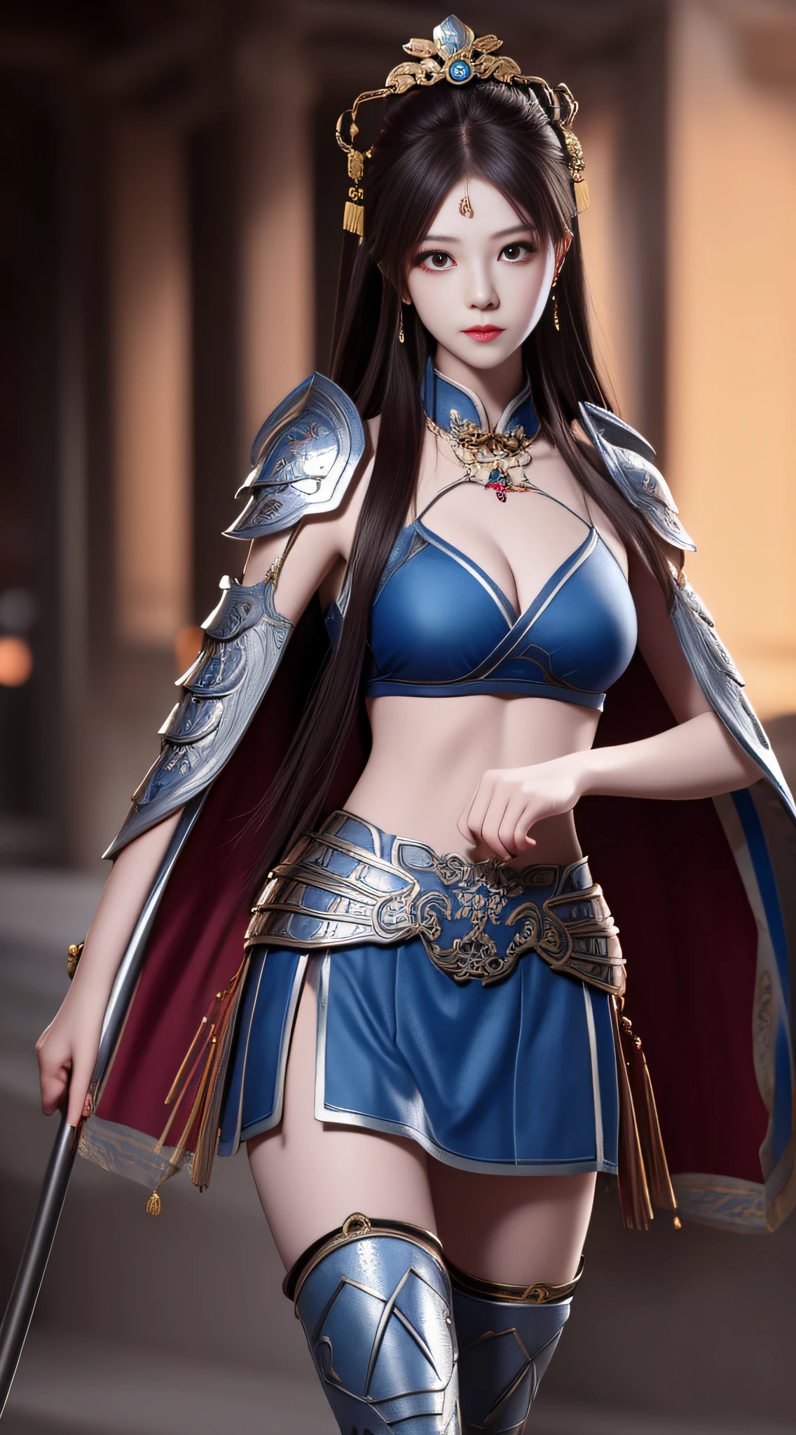 best quality, masterpiece, high resolution, 1girl, ancient chinese battlefield background, metal armor, cape, metal collar, ancient spear, hair ornament, necklace, jewelry, beautiful face, upon_body, tyndall effect, realistic, dark studio, edge lighting, duotone lighting, (high detail skin:1.2), 8k uhd, dslr camera, soft lighting, high quality, volumetric lighting, frank, photos, high resolution, 4k, 8k, bokeh, silver bikini armor, Ancient metal spear, chest embroidered phoenix, metal cuirass, tight, bare arms, weapons, short bracers, stockings, weapons