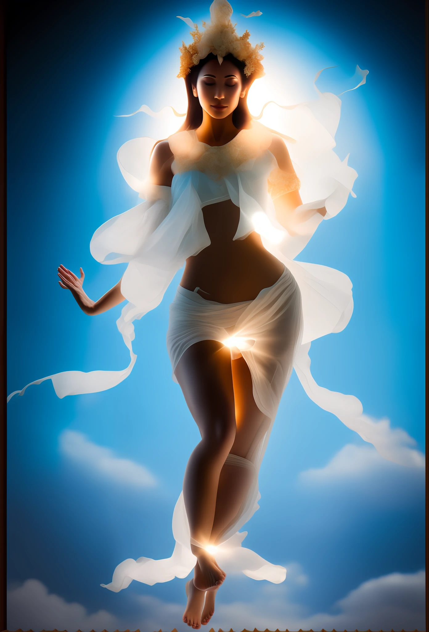 The Masterpiece，ultra-highresolution，Goddess of beauty，Accurate body structure，Hang a daze on the chest，Skin is smooth and radiant，Hair drapes over the shoulders，Lotus in hand，Barefoot，The background has a round light，Light，Light，Blue sky，Clean and pure，Flattened sky，The light is bright and natural，Photographic effects，