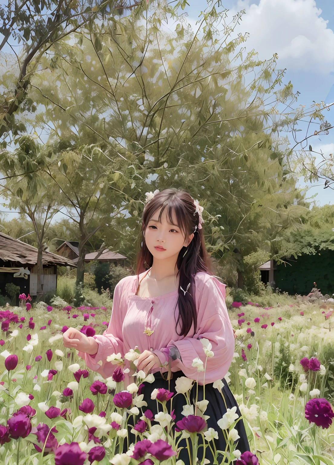 araffe woman in a pink top and black skirt standing in a field of flowers, girl frontal in a flower field, standing in flower field, with flowers, girl in a flower field, in garden, girl in flowers, dang my linh, woman standing in flower field, in a field with flowers, standing in a flower field, mai anh tran