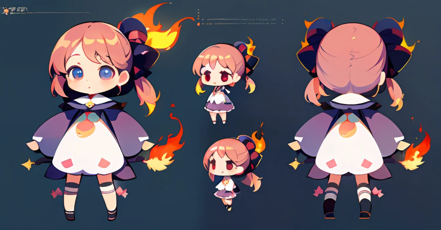 ((Masterpiece)),(((best quality))),(character design sheet, same character full body, front facing, half side facing, back facing), extremely detailed, 8k resolution, 1girl, ((chibi:1.5)), little witch girl, holding a flame staff, (kawaii:1.4), whimsical, glowing, fun, arcane, monster, small, girl,(simple background,white background:1.3)