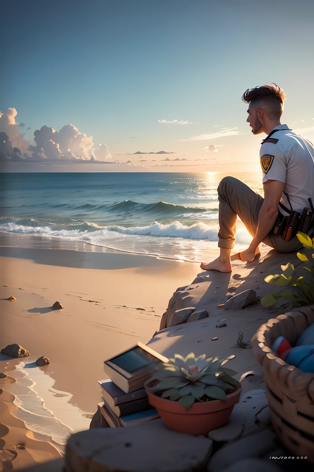hombre sentado en el borde de un alto precipicio con unas vistas preciosas de una playa desierta. fotorealismo,8k,pintura digital, ultra detallado --auto --s2