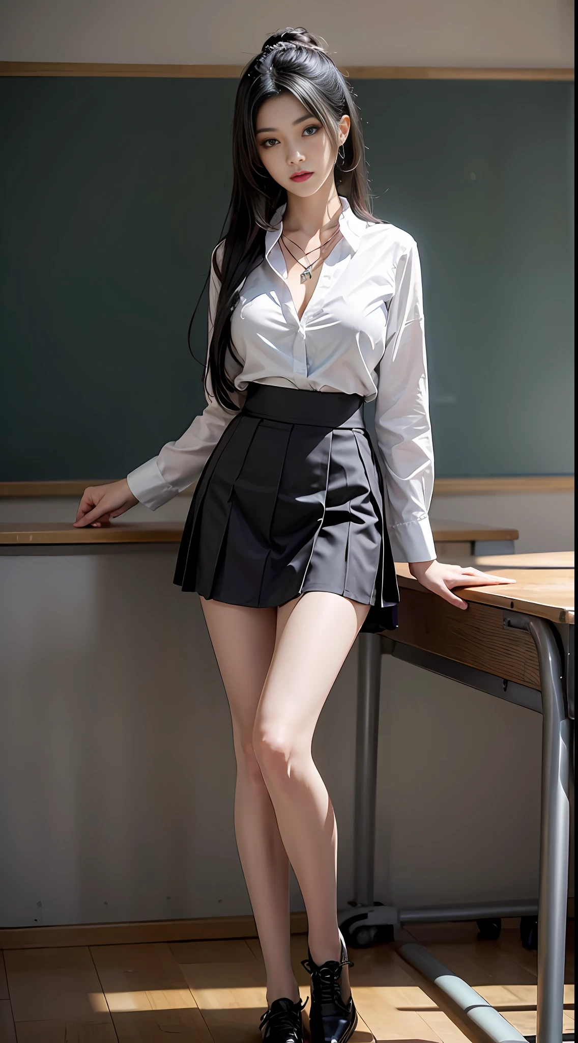Ultra HDR,ultra-details,full - body,Lifelike, 8K high resolution,1ガール, Flowing black hair, Dark eyes, school-uniform, short miko skirt,largebreasts, thin waists,large legs,Wear a pendant,at classroom,Very detailed face and skin,Detailed eyes,Double eyelid,Duet
