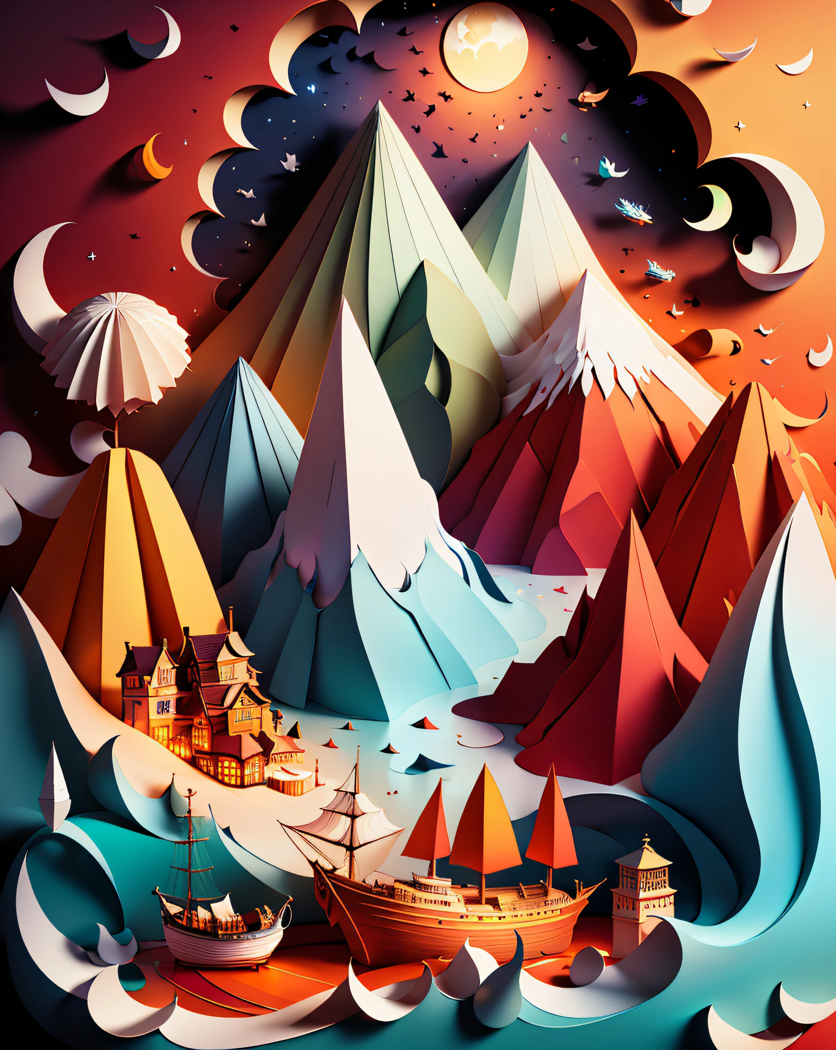 Softlight,(warm color:1.2),Water color painting,light background,best quality exquisite details,3d rendering,Octane render,pastel, Moon, boat, sea, storm,(paper_cut:1.15),