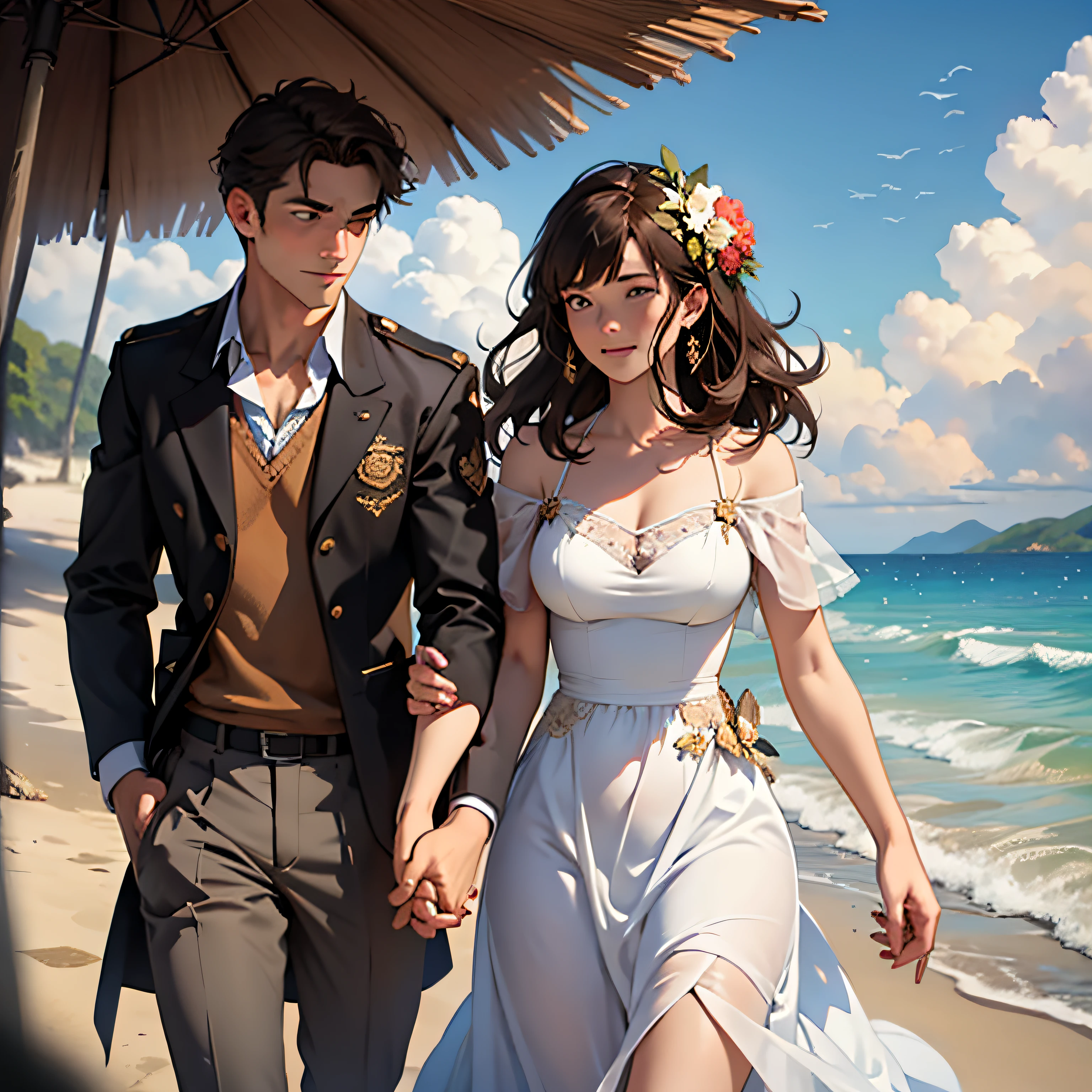 A man and a woman held hands together like cannons in the sea,On the beach,dia soleado