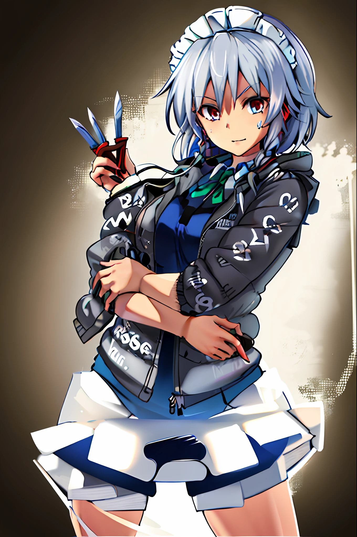 masterpiece, best quality, highres, 1girl, solo, sakuya1, maid, dripjacket
own hands together greyt hair, medium breasts, knife