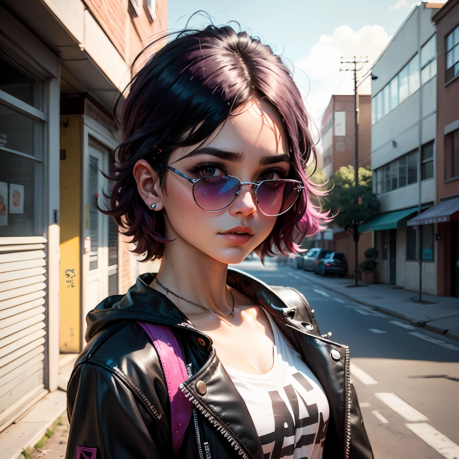 Retrato altamente detalhado de uma estudante emo punk do esgoto , olhos azuis , sunglasses , cachecol xadrez , cabelo branco _ _ esquema de cores marrom e magenta , grunge aesthetic!!! fundo de parede de marca de grafite --auto