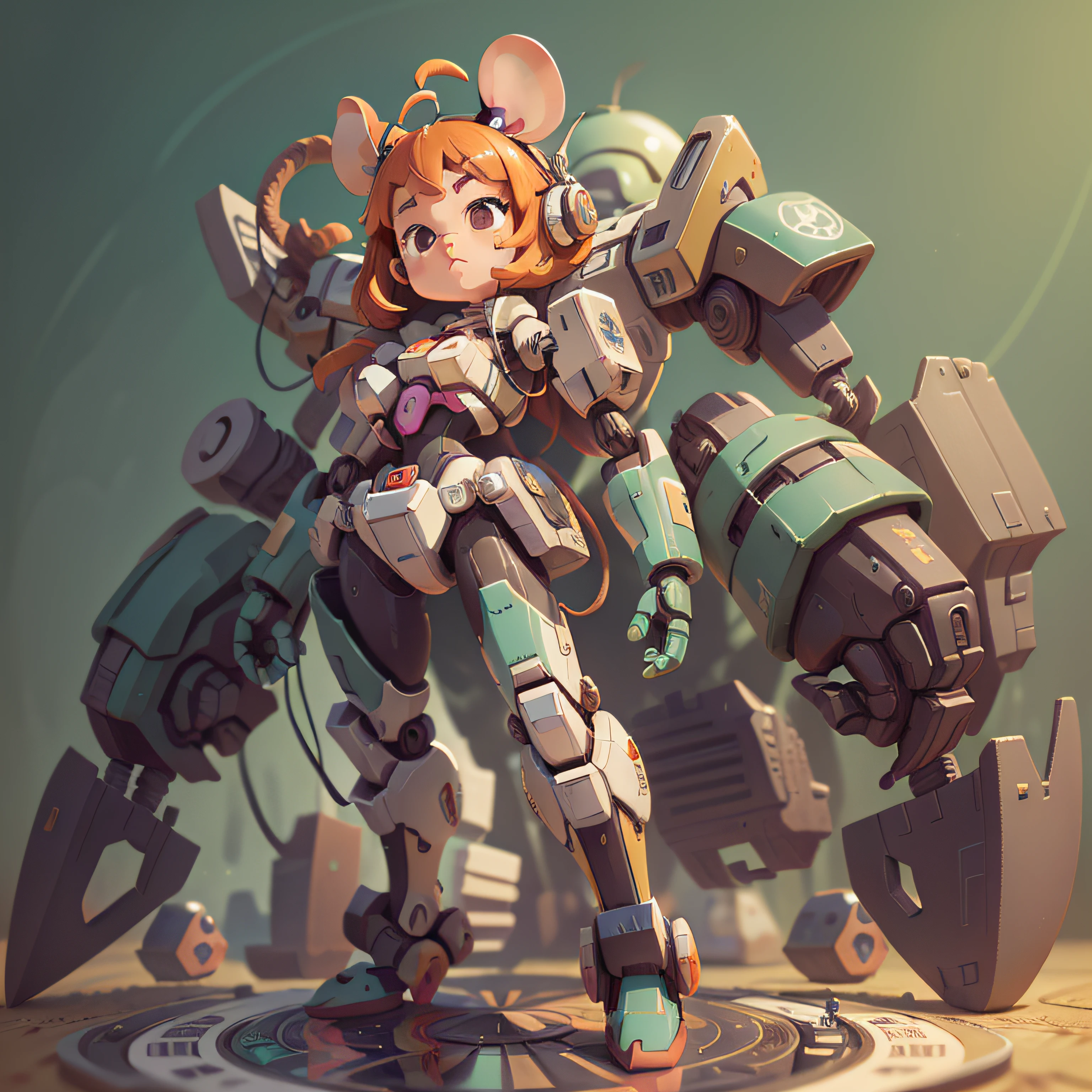cute, chibi, mice, PFP, bigbadejo, portrait, masterpiece, 3D Rendering, Best Quality, Lots of Detail, (plain background), (vinyl toy figurine), (perfect hands), (high detailed hands), (full body), female,(girl), (piloting a high tech mecha),action pose