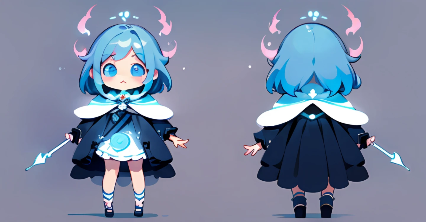 ((Masterpiece)),(((best quality))),(character design sheet, same character full body, front facing, half side facing, back facing), extremely detailed, 8k resolution, 1girl, ((chibi:1.5)), little witch girl, holding a snow blue staff, (kawaii:1.4), whimsical, glowing, fun, arcane, monster, small, ??? girl,(simple background,white background:1.3)