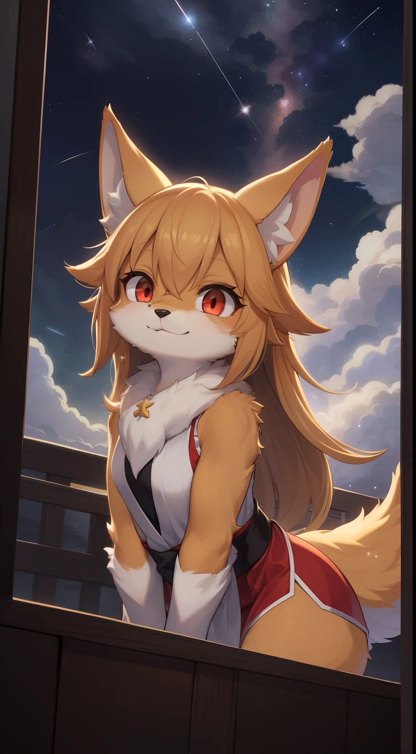 girl fox，was hairy，shaggy，Golden fur，Golden yellow face fur,long  hair，glowing eyes, cinematic lighting, reflection light，Red eyes，Super cute face，Brown elements on fur，miko，Beautiful lights and shadows，Ambient light，Ultra-fine fur，Volumetric light，Night,Clouds and stars in the sky,The sky outside is starry ,shooting stars,natural day light，Smile with，Fluffy tail