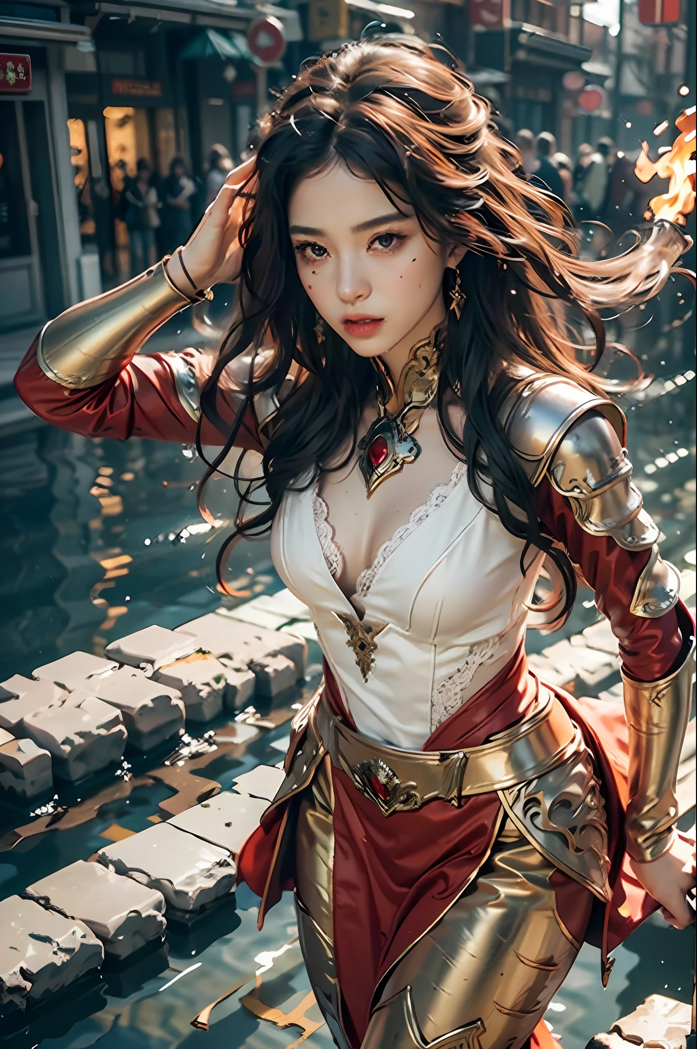 {{master piece}}, pinnacle rendering, realistic rendering, dark red rendering, metal rendering, {{color ink painting}}}, {{splash ink}}}, {{color}}, {{color}}, gorgeous rendering, best quality, illustration, flame, smoke, doomsday world, splash ink fire sea doomsday, full body, 1 girl, exquisite facial details, delicate facial features, real face, beautiful details eyes, deep pupils, broken city details, beautiful details long hair, Wave of hair, broken details of streets, transparent mechanical core, cyborg girl, details, cool, tight grooming, lace retouching, linear light costume retouching, light rendering, reflection, highlight, holy light, confidence, charm, battle stance detail close-up, fire day, {filigree}, colored background, a dragon stands behind the girl, sea of fire, {tornado special effects}, beautiful details purple dragon armor, (cold face, confident) great depth, depth of field, 360° panoramic picture, fierce and magnificent battle scenes, broken mirrors, fingers all hidden and not displayed, small mouth closed