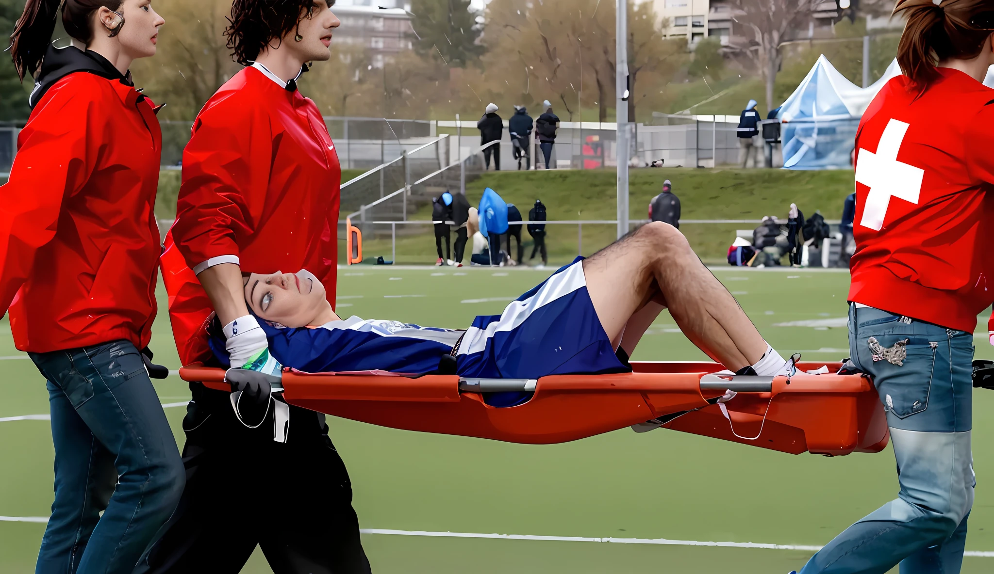 There are three attractive girls in red rainjackets, there are three girls in red rainjackets carrying a stretcher on a sports ground, there are three longhaired and attractive girls in red rainjackets, There is a man lying on a stretcher with his hands crossed over his face, a man in a t-shirt and sports shorts has crossed his hands over his face, the man has an agonised face under his hands, two longhairedponytailed women that are wearing very shiny coats, there are longhaired women wearing laquered puffy coats, longhaired women are walking in wetlook puffy coats, several women walking around a football field with an injured athlete on a stretcher, the injured athlete on the stretcher covers his face with both hands, the women look very worried, behindthe women there is a frightening atmosphere, there is heavy rainfall in the background, video still, behind the scenes, Malika Favre, screenshot, footage, 4 0 9 6, cover photo, aesthetic shot, dramatic mood, intense scene, Making of, Mongezi Ncaphayi, Thriller atmosphere, Filming, Edited