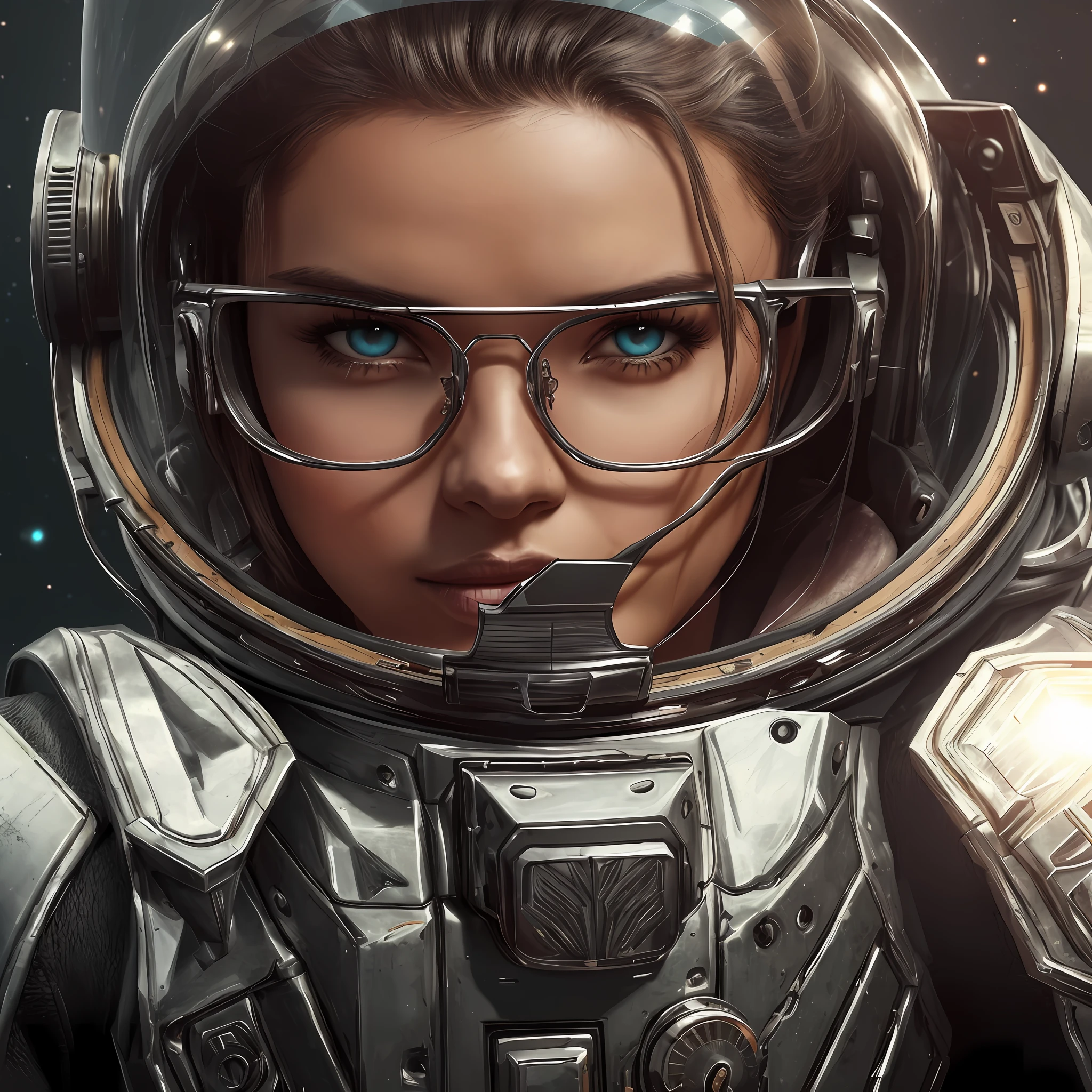 A woman Adriana Lima model victory secret,com traje de astronauta, sujo, intrincado, Science Fiction Glasses, altamente detalhado, Pintura digital, Artstation, arte conceitual, Foco suave, Of course, epic realistic, 8 mil, (detalhes intrincados, hiperdetalhados: 1.2), Artstation, Cinematographic photo, vinheta, (HDR:1.4), cores neutras, noite, screen space refractions. --auto