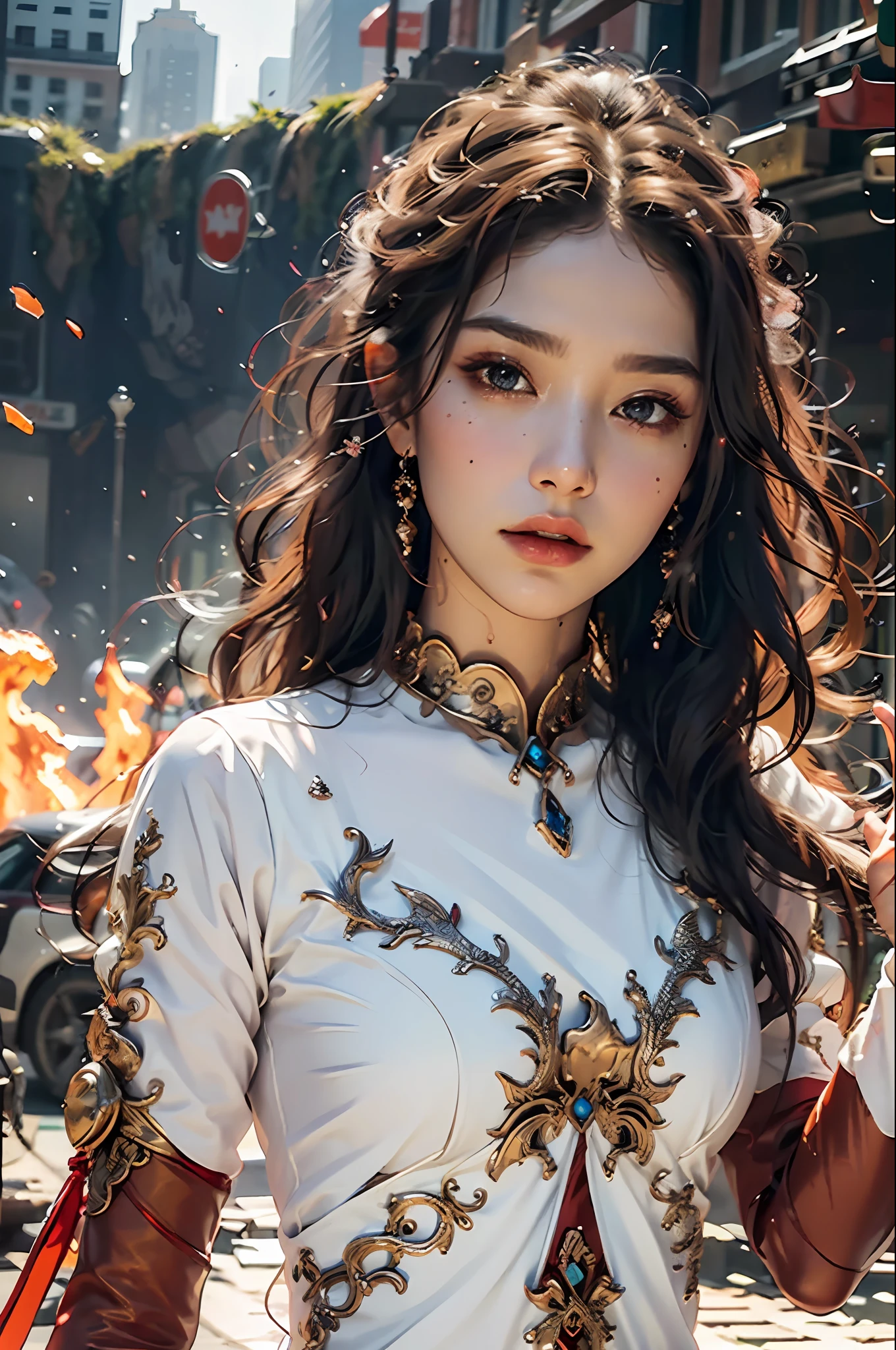 {{master piece}}, pinnacle rendering, realistic rendering, dark red rendering, metal rendering, {{color ink painting}}}, {{splash ink}}}, {{color}}, {{color}}, gorgeous rendering, best quality, illustration, flame, smoke, doomsday world, splash ink fire sea doomsday, full body, 1 girl, exquisite facial details, delicate facial features, real face, beautiful details eyes, deep pupils, broken city details, beautiful details long hair, Wave of hair, broken details of streets, transparent mechanical core, cyborg girl, details, cool, tight grooming, lace retouching, linear light costume retouching, light rendering, reflection, highlight, holy light, confidence, charm, battle stance detail close-up, fire day, {filigree}, colored background, a dragon stands behind the girl, sea of fire, {tornado special effects}, beautiful details purple dragon armor, (cold face, confident) great depth, depth of field, 360° panoramic picture, fierce and magnificent battle scenes, broken mirrors, fingers all hidden and not displayed, small mouth closed