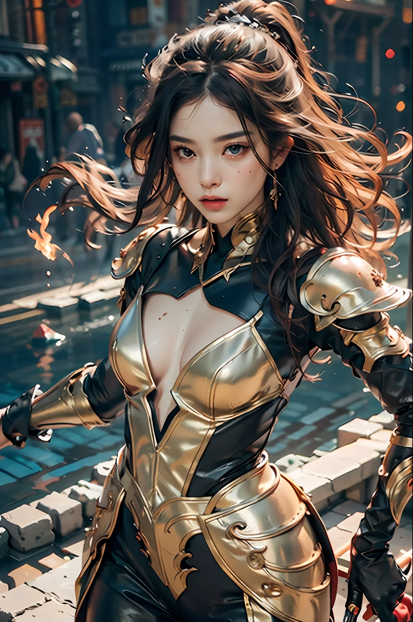 {{master piece}}, pinnacle rendering, realistic rendering, dark red rendering, metal rendering, {{color ink painting}}}, {{splash ink}}}, {{color}}, {{color}}, gorgeous rendering, best quality, illustration, flame, smoke, doomsday world, splash ink fire sea doomsday, full body, 1 girl, exquisite facial details, delicate facial features, real face, beautiful details eyes, deep pupils, broken city details, beautiful details long hair, Wave of hair, broken details of streets, transparent mechanical core, cyborg girl, details, cool, tight grooming, lace retouching, linear light costume retouching, light rendering, reflection, highlight, holy light, confidence, charm, battle stance detail close-up, fire day, {filigree}, colored background, a dragon stands behind the girl, sea of fire, {tornado special effects}, beautiful details purple dragon armor, (cold face, confident) great depth, depth of field, 360° panoramic picture, fierce and magnificent battle scenes, broken mirrors, fingers all hidden and not displayed, small mouth closed