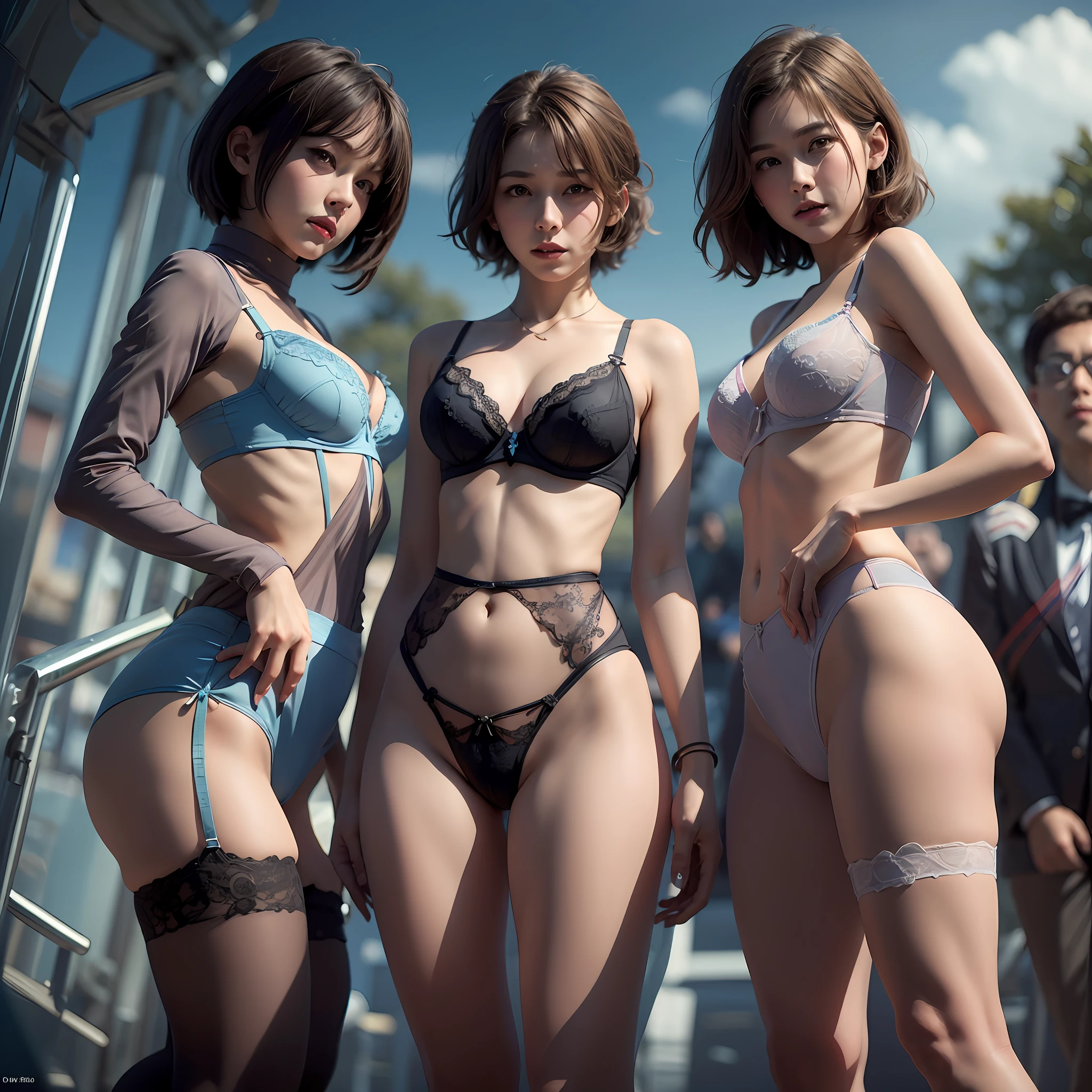 (((((incredibly ridiculous)))), ((absurd)), anime style, (one adult female teacher and three s),Standing together in the park,One female teacher and three male elementary school students are together,((Female teacher in lingerie)),((Pante)),((Bra))), lingerie, Three Boys Elementary School Students Dress Casually, (Large Buttocks:1.2),Bob Cut, Natural Lighting,(Female Teacher No Skirt),(Female Teacher No Blouse), --auto --s2