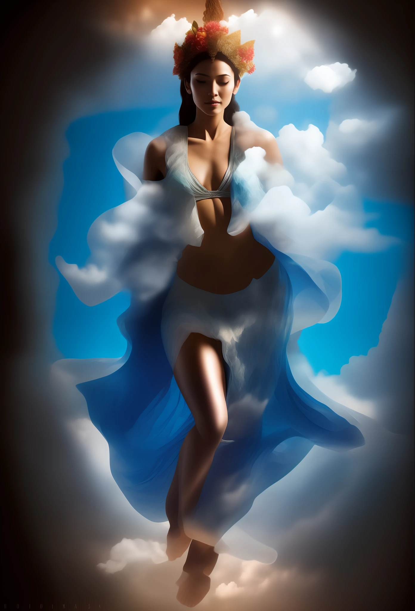 The Masterpiece,ultra-highresolution,Goddess of beauty,Complete and precise body structure,Hang a daze on the chest,Skin is smooth and radiant,Hair drapes over the shoulders,Lotus in hand,Standing barefoot on the clouds,The background has a round light,Light,Blue sky,Clean and pure,Flattened sky,The characters are bright,The light is bright and natural,Photographic effects,
