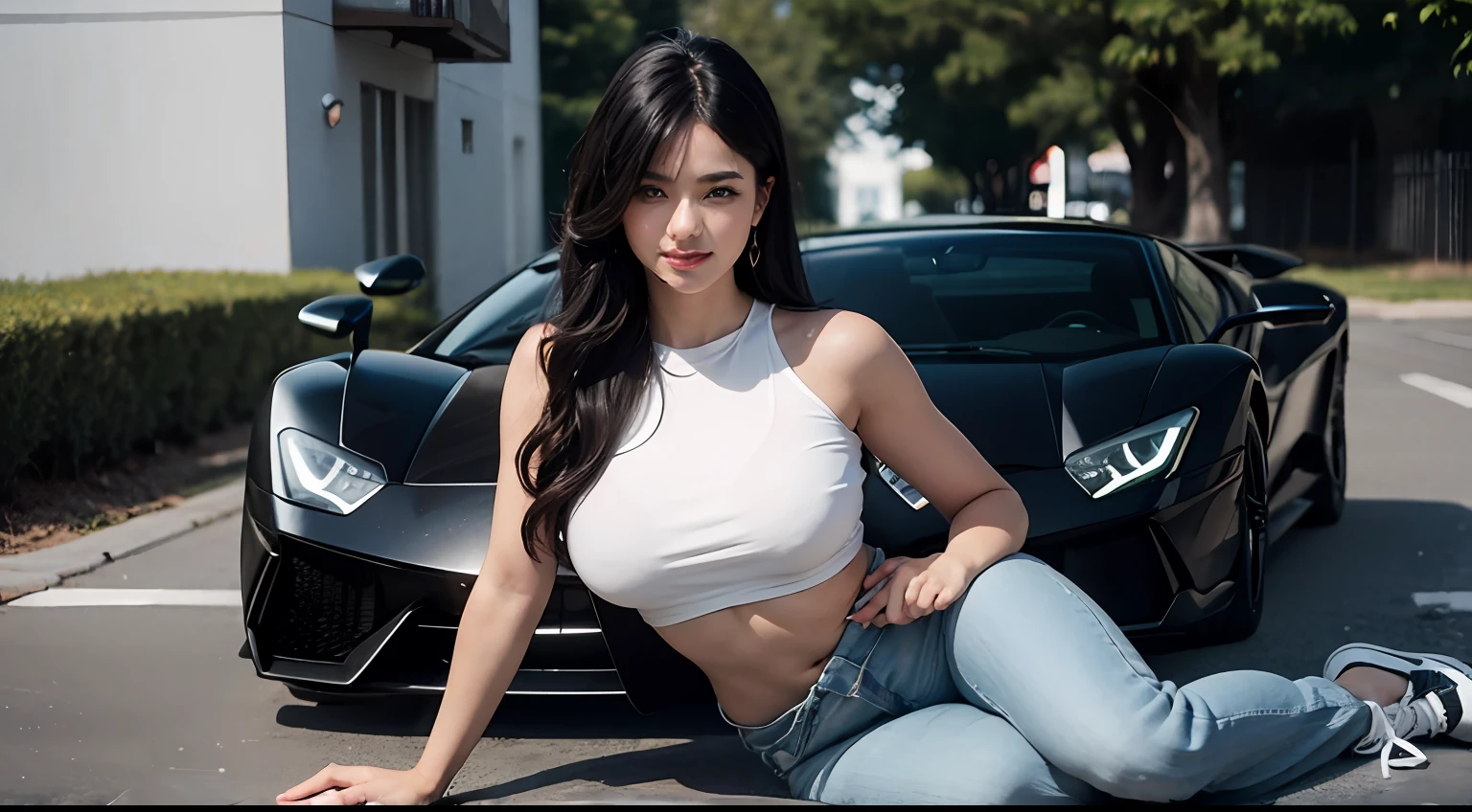 ((full - body):1.5)(({Only one woman}:1.2):{(((Wear jeans,White clothes,Wear AK sneakers)1.2),((Long black hair that falls to the shoulders,shiny glistening eyes)1.3),((Pose erotically in front of a Lamborghini,looks at the viewer,Smile with):1.3),(((very huge breast):1.2)}, \n (({In front of Lamborghini,Morning):1.3), animesexy, style of anime, 16k, ((best qulity, high detaild):1.4), The Masterpiece, Ultra HDR