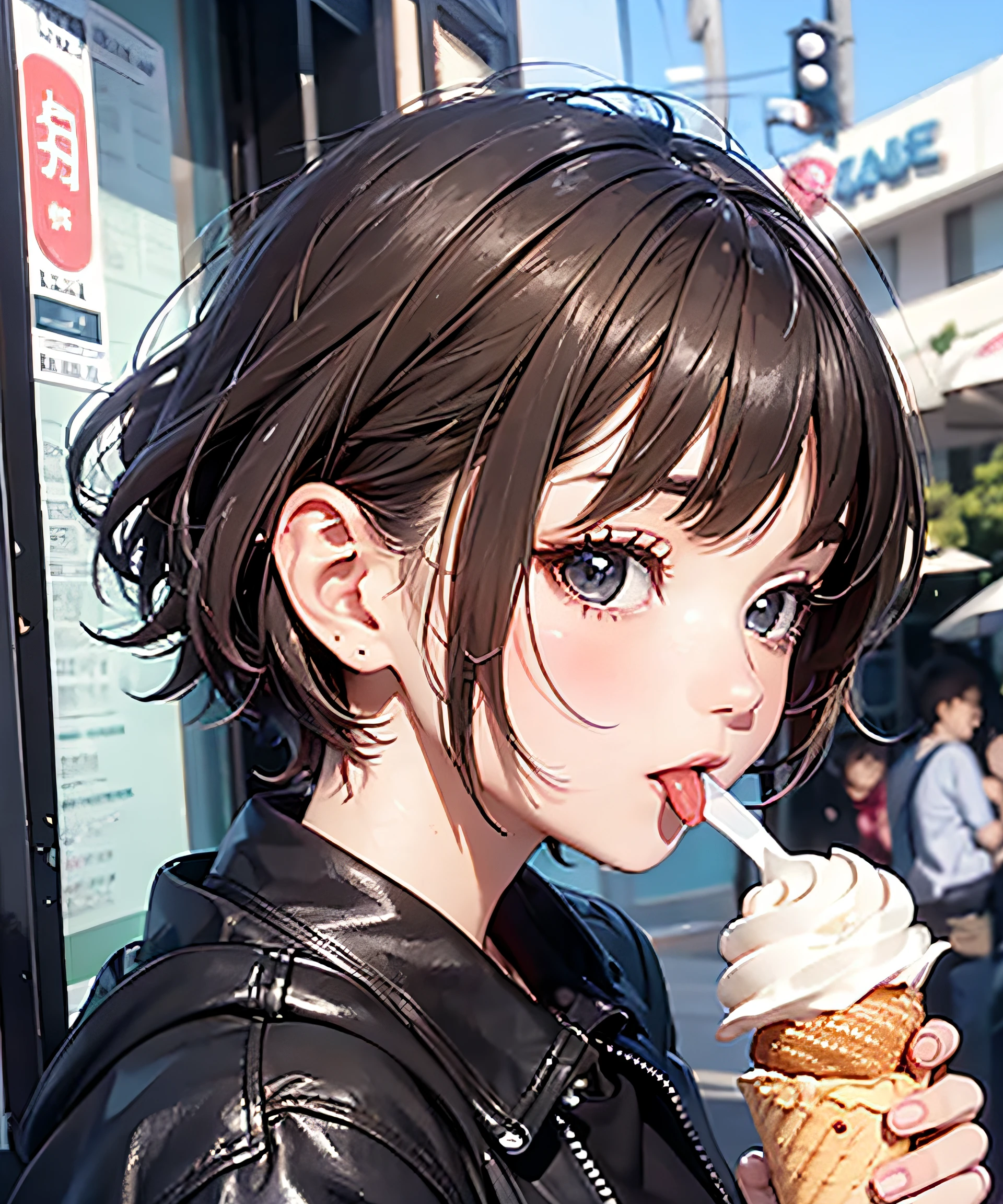 The Masterpiece、Realstic、best qualiy、Squint、Beautiful girl licking up a large soft-serve ice cream with her tongue、photorealestic、1girls、Very Shorthair
