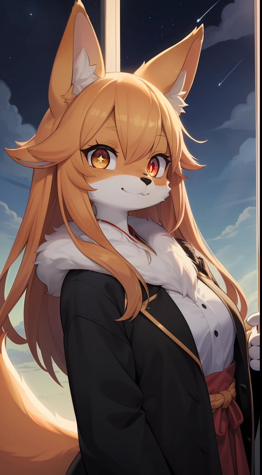 girl fox,was hairy,Golden fur,Golden yellow face fur,long hair,Glowing eyes, Cinematic lighting,pupils sparkling, reflected light,Red eyes,Super cute face,Brown elements on fur,miko,Beautiful lights and shadows,Ambient light,Ultra-fine fur,Volumetric light,Night,Clouds and stars in the sky,The sky outside is starry ,shooting stars,natural day light,Smile with,Fluffy tail