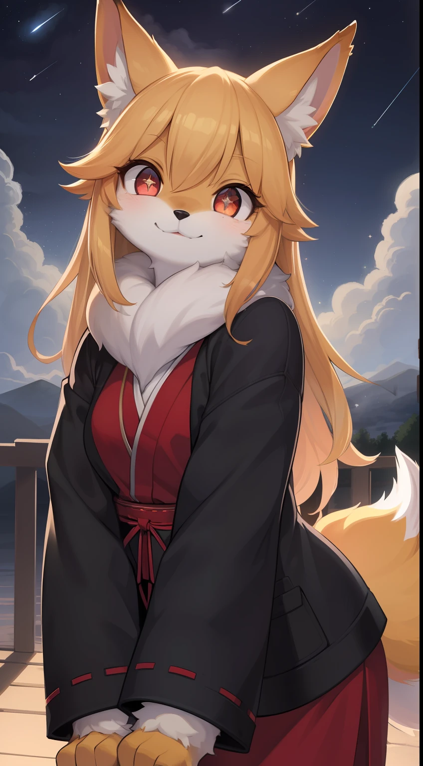 girl fox，was hairy，Golden fur，Golden yellow face fur,long  hair，Glowing eyes, Cinematic lighting,pupils sparkling， reflected light，Red eyes，Super cute face，Brown elements on fur，miko，Beautiful lights and shadows，Ambient light，Ultra-fine fur，Volumetric light，Night,Clouds and stars in the sky,The sky outside is starry ,shooting stars,natural day light，Smile with，Fluffy tail
