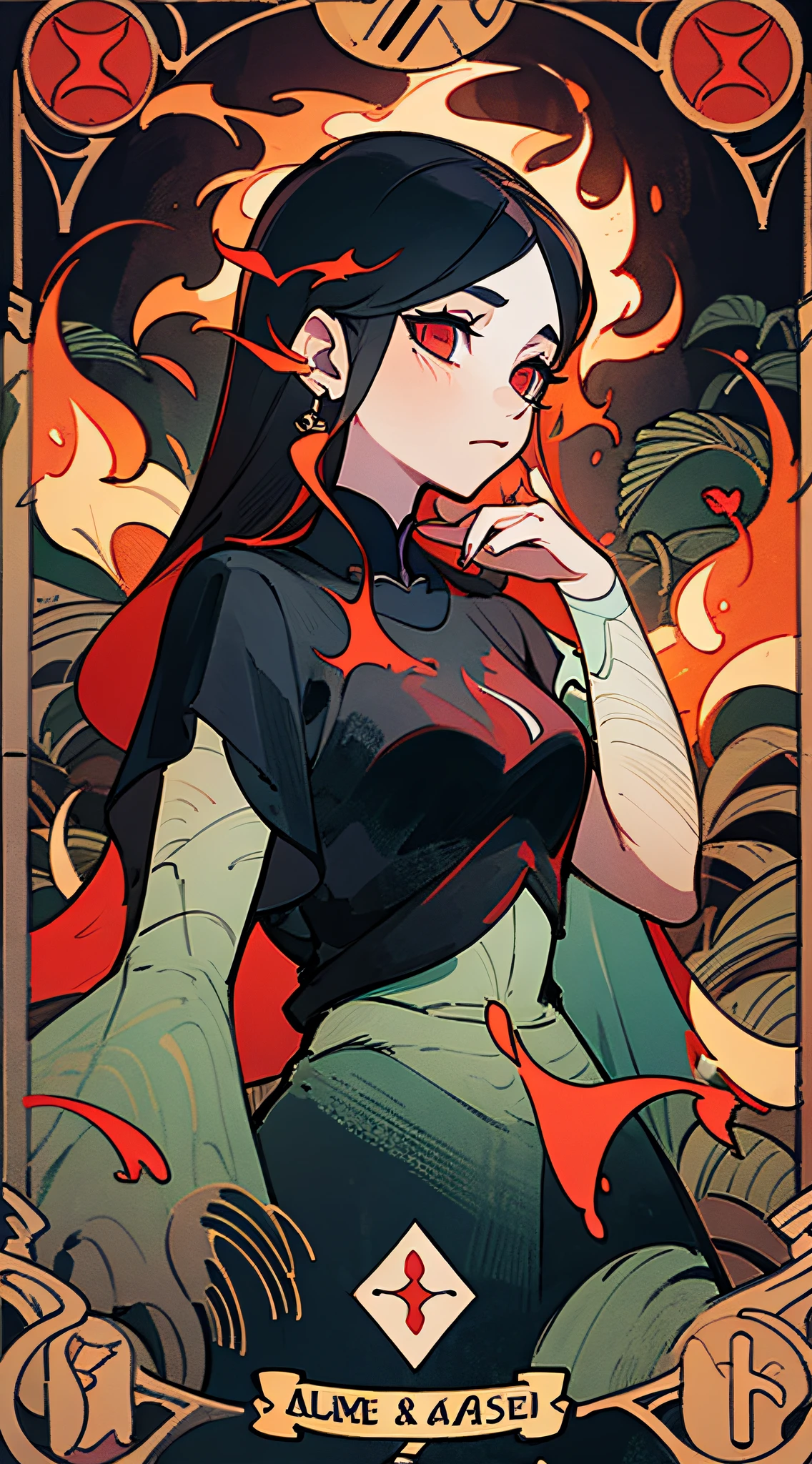 (best quality, masterpiece), 1girl, long hair, flame, leaf, tarot card, demon,