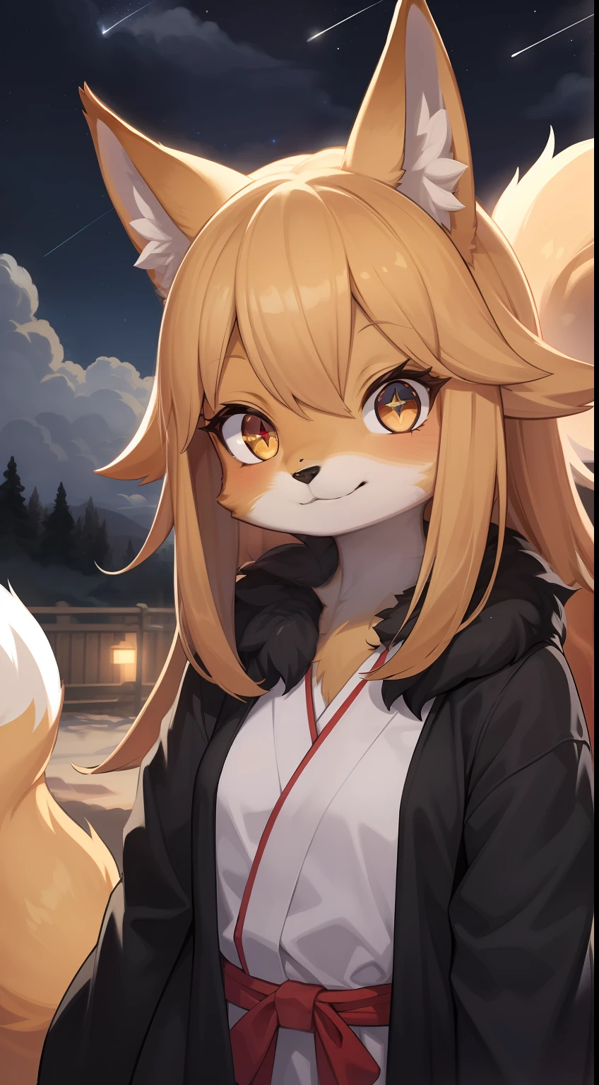 girl fox，was hairy，Golden fur，Golden yellow face fur,long  hair，Glowing eyes, Cinematic lighting,pupils sparkling， reflected light，Red eyes，Super cute face，Brown elements on fur，miko，Beautiful lights and shadows，Ambient light，Ultra-fine fur，Volumetric light，Night,Clouds and stars in the sky,The sky outside is starry ,shooting stars,natural day light，Smile with，Fluffy tail