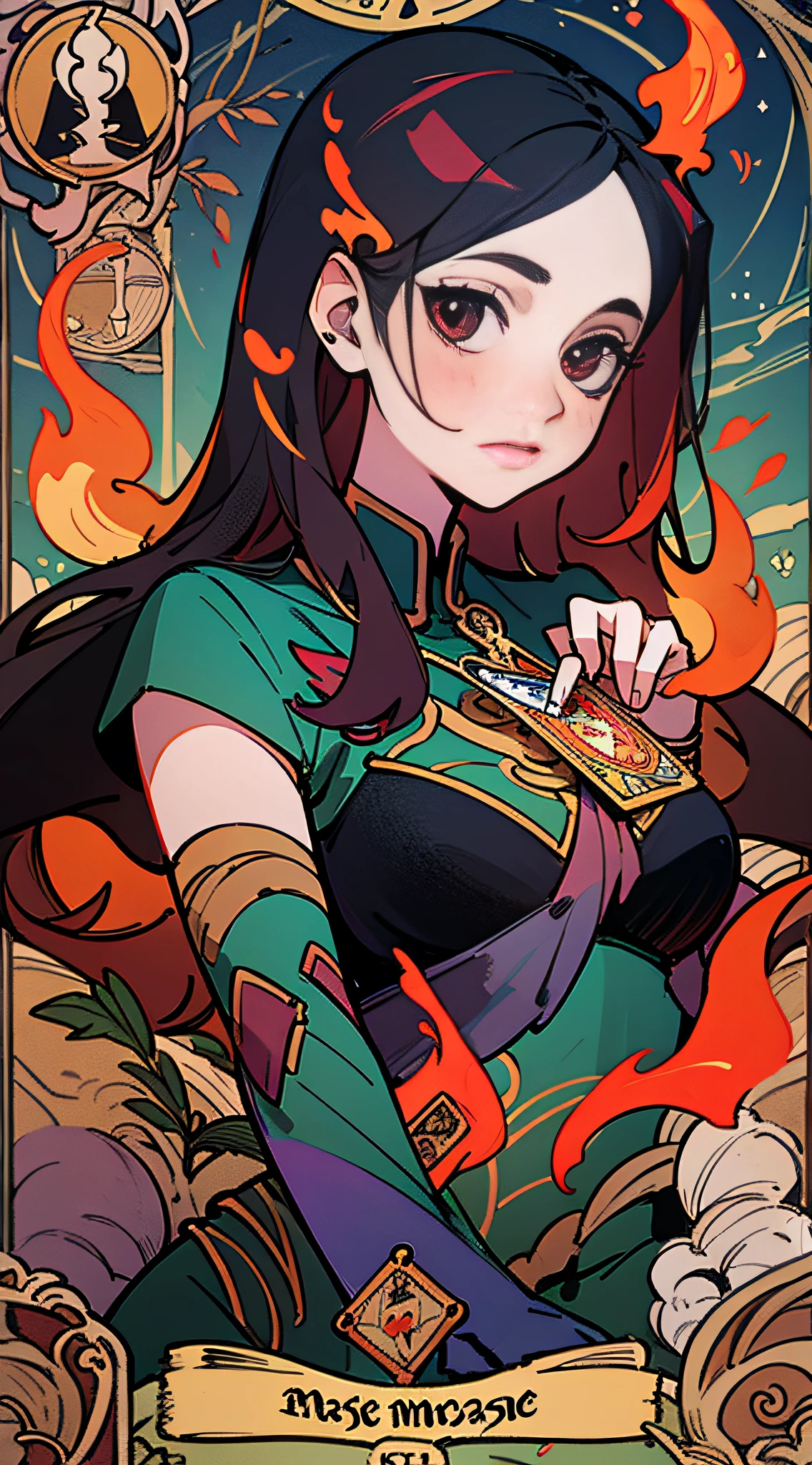 (best quality, masterpiece), 1girl, long hair, flame, leaf, tarot card, demon,