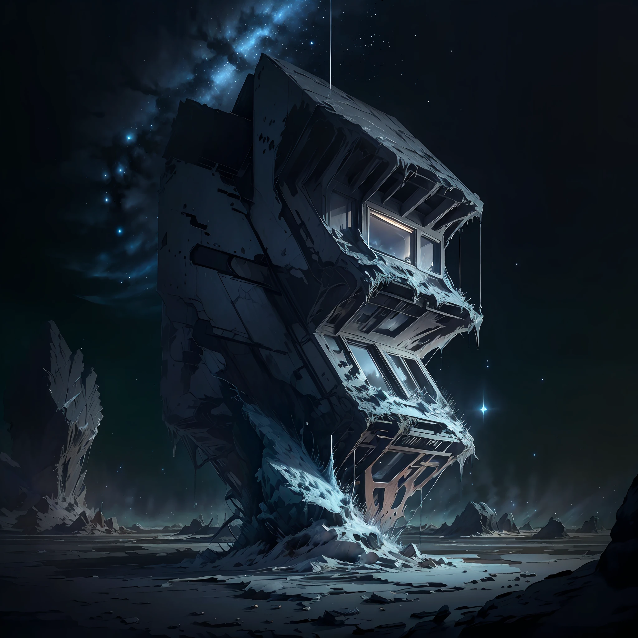 an architectural marvel nestled in the desolate landscape of Pluto. The building boasts a rugged exterior design, crafted to endure the extreme cold and sparse atmosphere. Reinforced windows offer glimpses of the icy terrain, while thick insulation ensures a habitable environment inside. Surrounding the building, a barren expanse of frozen nitrogen and methane stretches as far as the eye can see. The sky above is a dark hue, adorned with distant stars, casting an eerie glow on the isolated structure. Capture the essence of solitude and resilience in this harsh, distant world --auto
