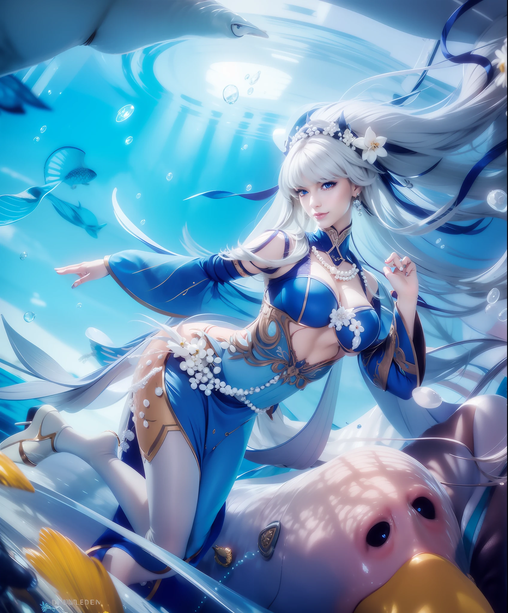 Woman, beautiful face, piercing gaze, smile, blue eyes, Sexy blue dress, long white hair with perfect pearl necklace, ultra realistic, photorealistic, masterpiece, detail, Under the sea, perfect face, high heels