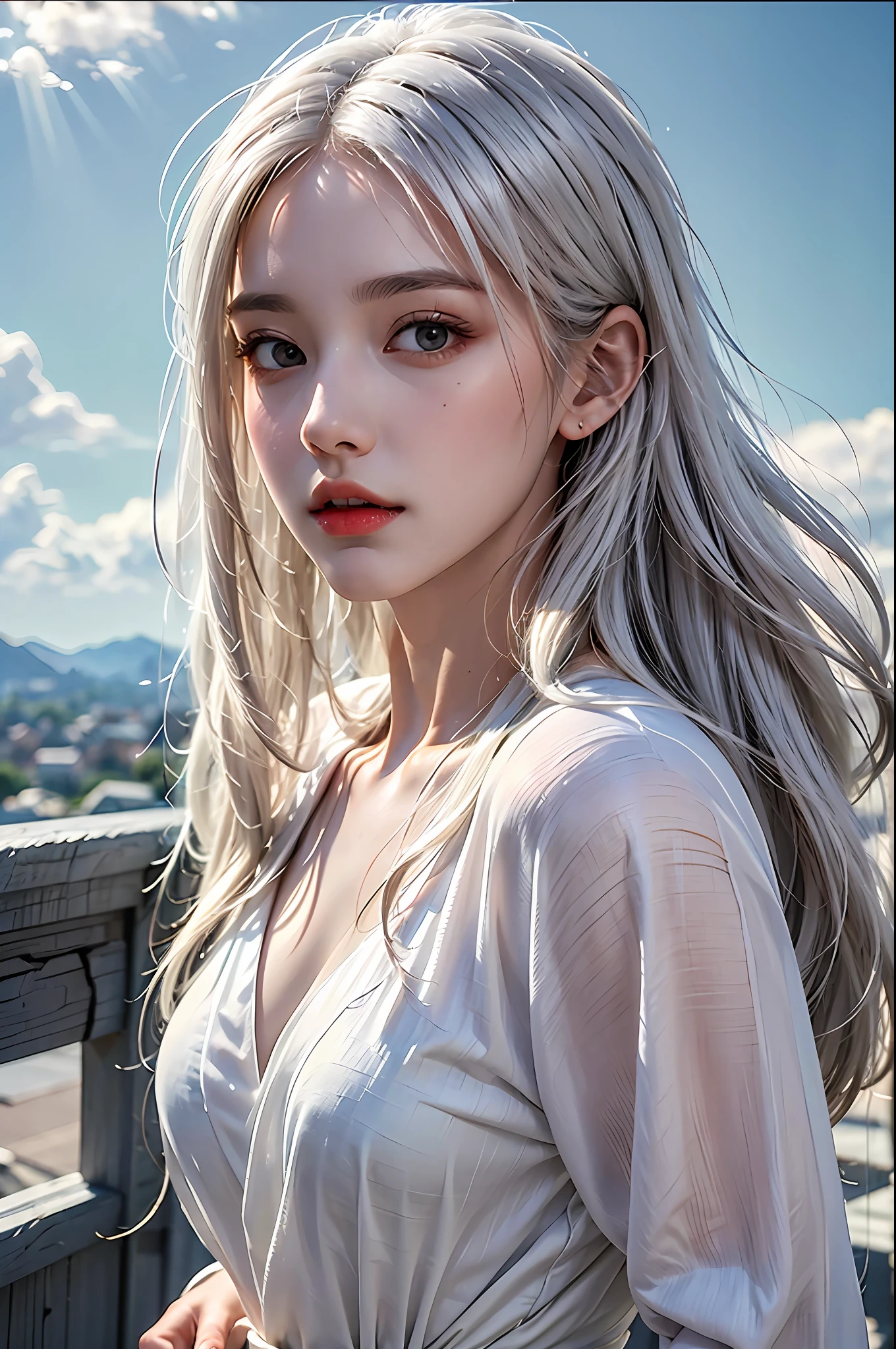 best quality, masterpiece, ultra-detailed, detailed light, (RAW photo:1.2), (photorealistic:1.4),(masterpiece:1.3),(best quality:1.4) 1girl, detailed face, solo, waist up, long hair, white hair, sky, vietnamese dress, aodai, cloud