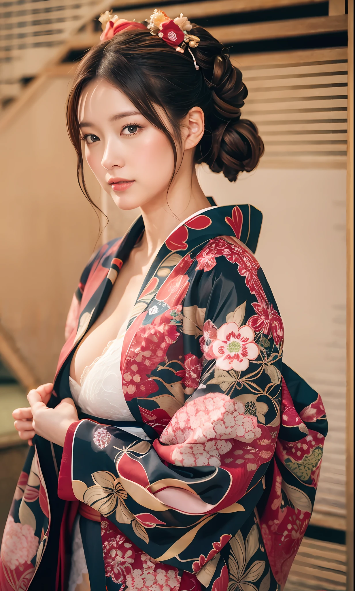ulzzang-6500-v1.1, (Raw photo: 1.2), (Photorealistic: 1.4), beautiful detailed girl, very detailed eyes and face, beautiful detailed eyes, ridiculous, incredibly ridiculous, huge file size, super detailed, high resolution, very detailed, highest quality, masterpiece, (kimono), oiran illustration, highly detailed, cg, unification, 8k wallpaper, amazing, Fine details, masterpiece, top quality, highly detailed CG unified 8k wallpaper, face light, movie lighting, 1 girl, kimono, Japan, (wearing kimono), cleavage, (without panties), (dynamic pose), (kimono with Japanese pattern), (half)