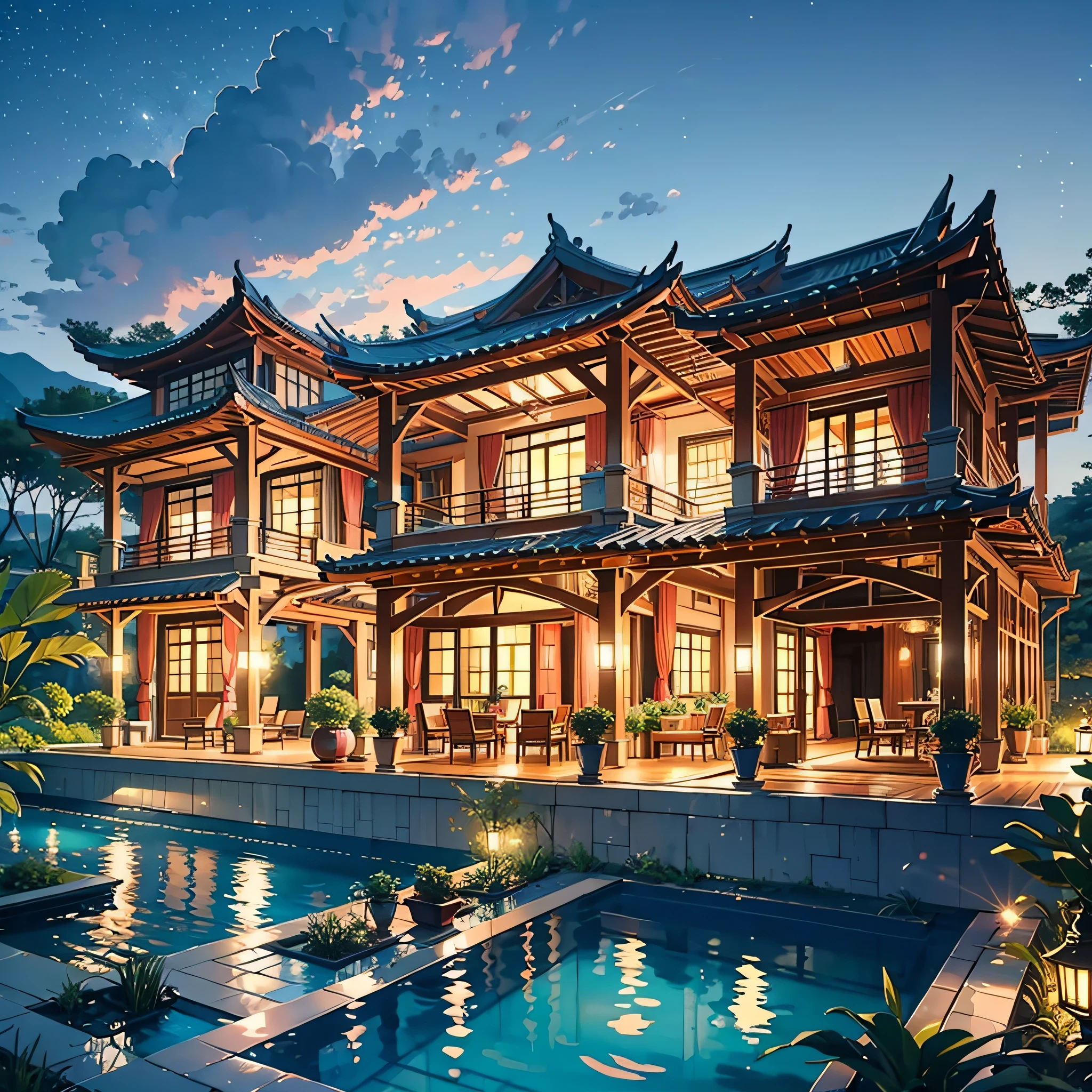 Luxurious Xiao family villa，At night it is brightly lit