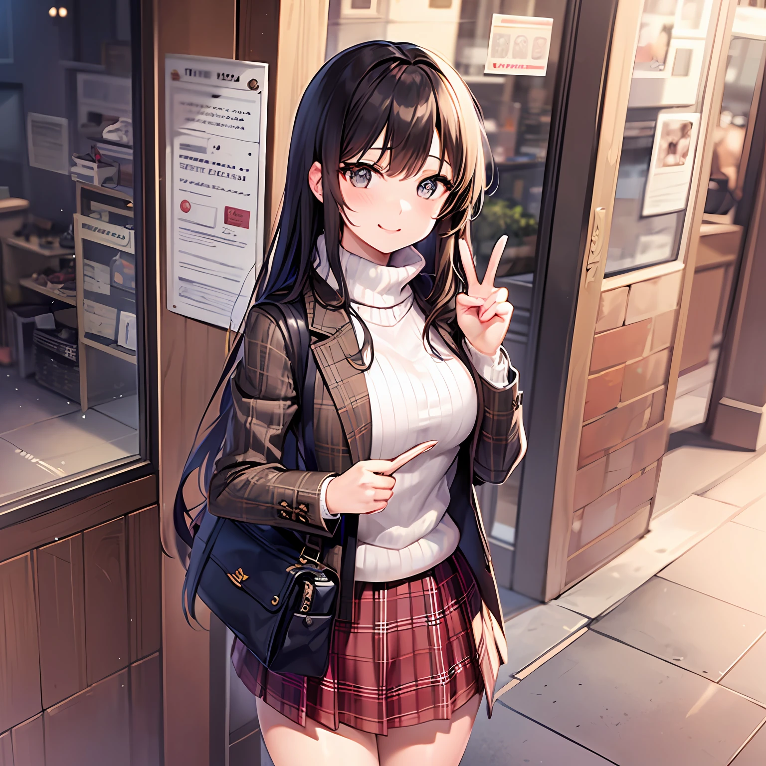 1girls, Petite and cute 23 year old girl、-faceasts are large、brown colored hair、semi long hair、White turtleneck sweater、Duffel coat、Red check muffler、Long pleated skirt、stockings、A slight smile、peace signs、No background