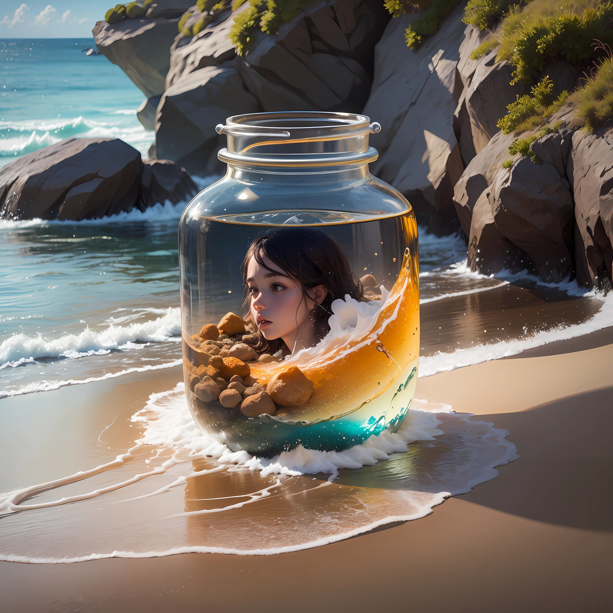 na playa desierta dentro de una botella. pintura digital.ultra detallado.8k.fotorealismo --auto --s2
