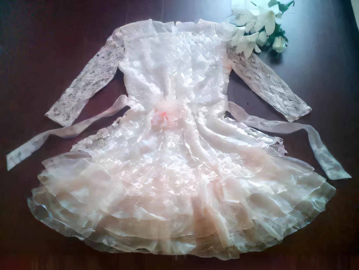 there is a dress with a flower on the table, romantic gown, Lace dress, Beautiful clothes, white lace clothing, dressed in a frilly ((Lace)), dress in the style of rococo, laced dress, fantasy robe, frilly outfit, ornate frilly dress, Beautiful dress, feminine girly dress, beautifull!, loli in dress, pink romantic tutu